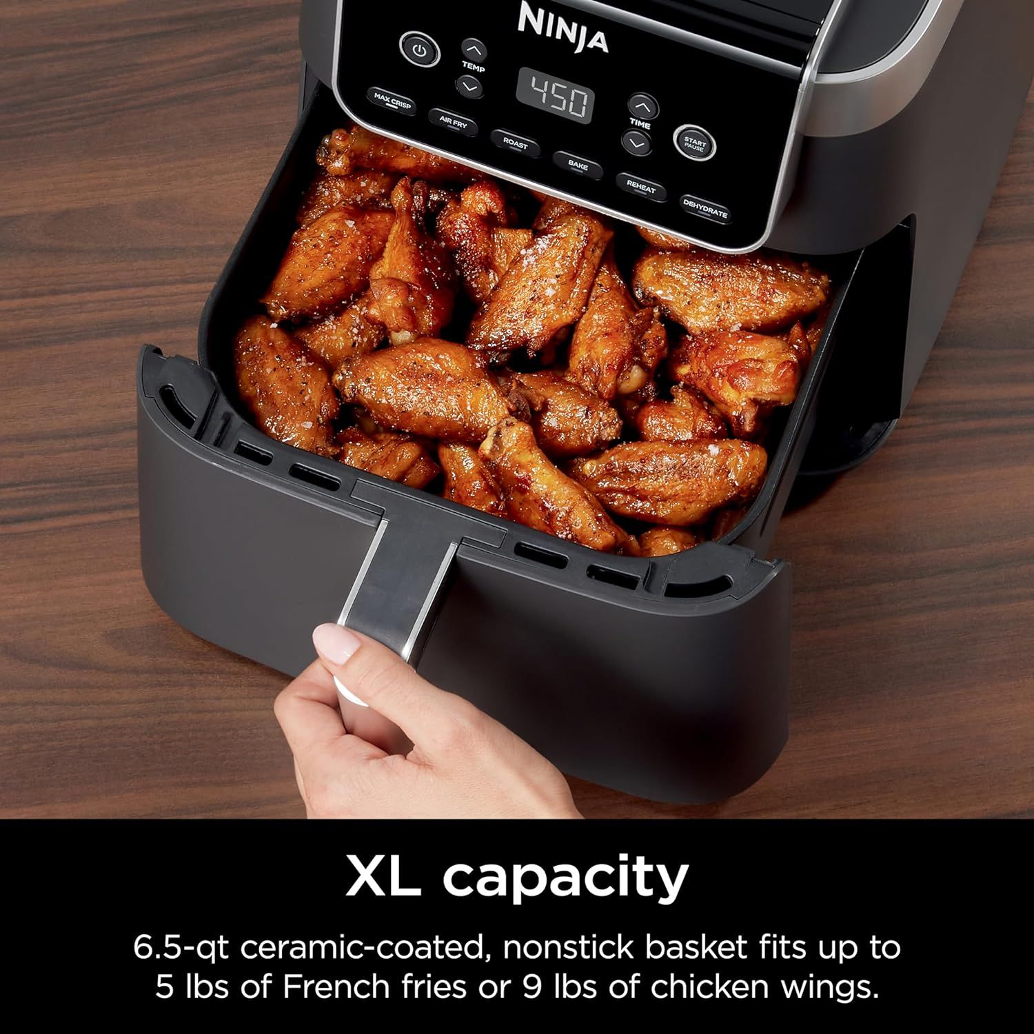 Communicates the large capacity of the air fryer basket using specific quantifiable measurements to help shoppers understand how much food they can cook at once. Highlights the benefit of being able…