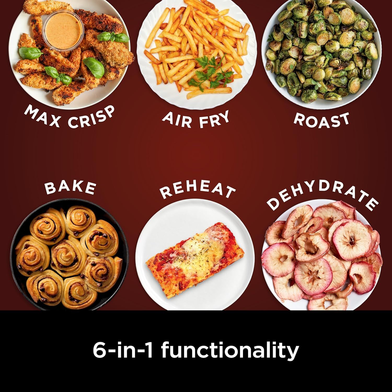 Demonstrates the versatility of the product by showcasing six different cooking functions with visual examples of food prepared using each mode, reassuring shoppers that one appliance can handle…