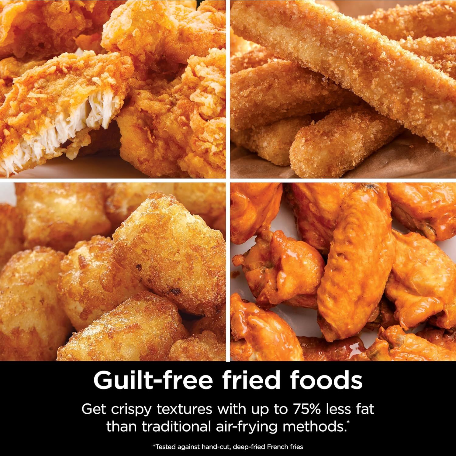 Communicates a quantifiable health benefit to reassure shoppers that they can enjoy fried foods with significantly reduced fat content compared to traditional air-frying methods. Highlights the core…