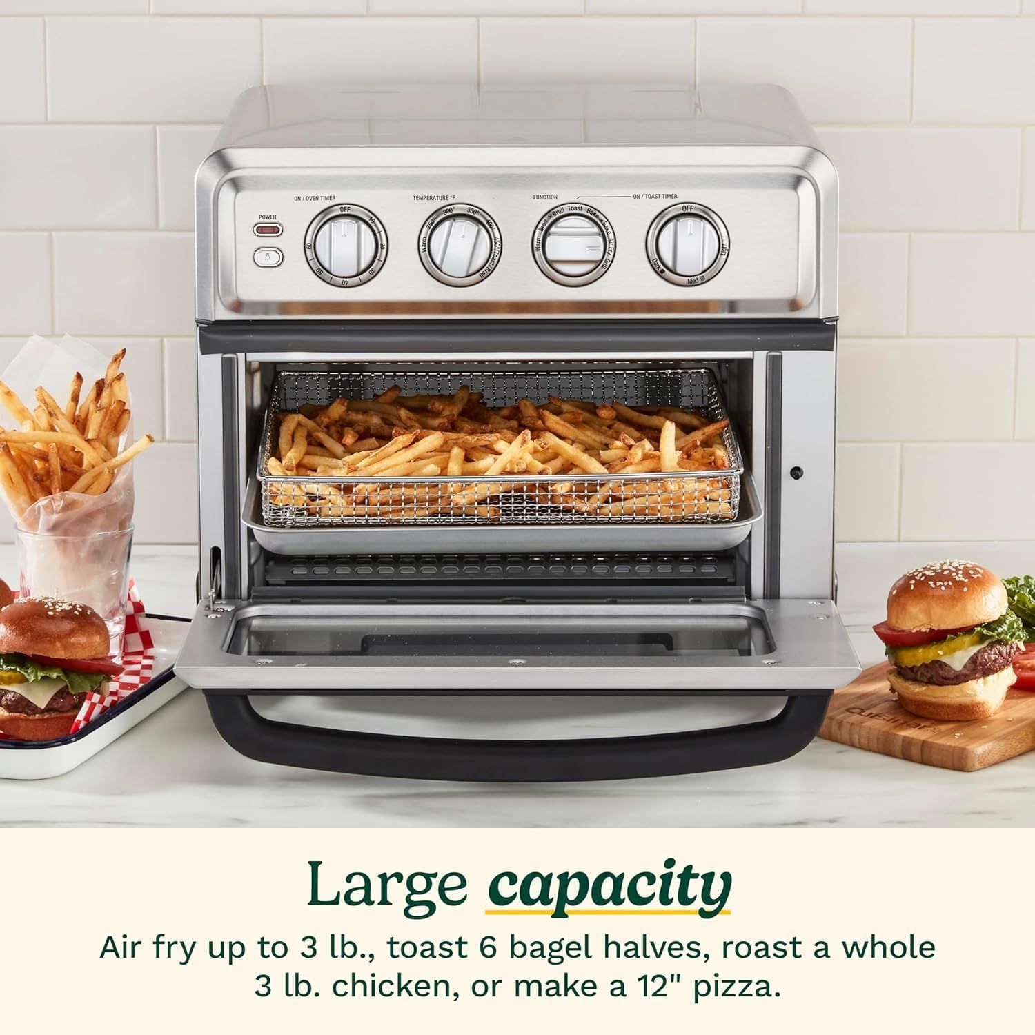 Communicates the product's generous cooking capacity with specific quantifiable claims (3 lb air frying, 6 bagel halves, 3 lb chicken, 12" pizza) to help shoppers understand how much food they can…