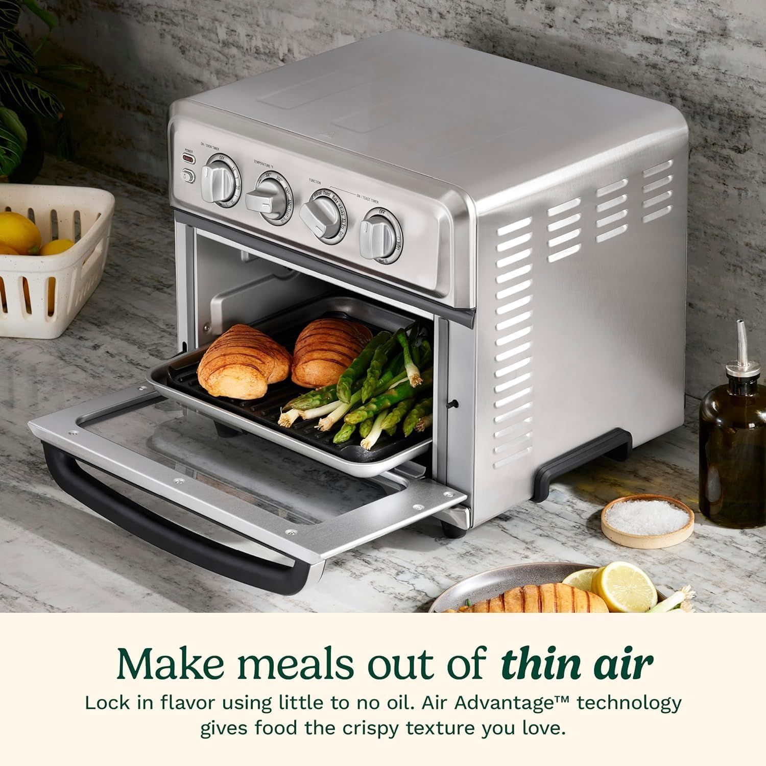 Communicates the product's air frying capability that delivers crispy texture using little to no oil, emphasizing healthier cooking and flavor retention.