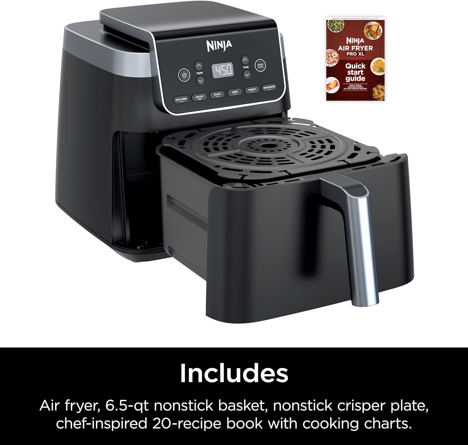 Shows shoppers everything included in the purchase: the air fryer unit, 6.5-qt nonstick basket, nonstick crisper plate, and 20-recipe book, reassuring them of the complete value and accessories…