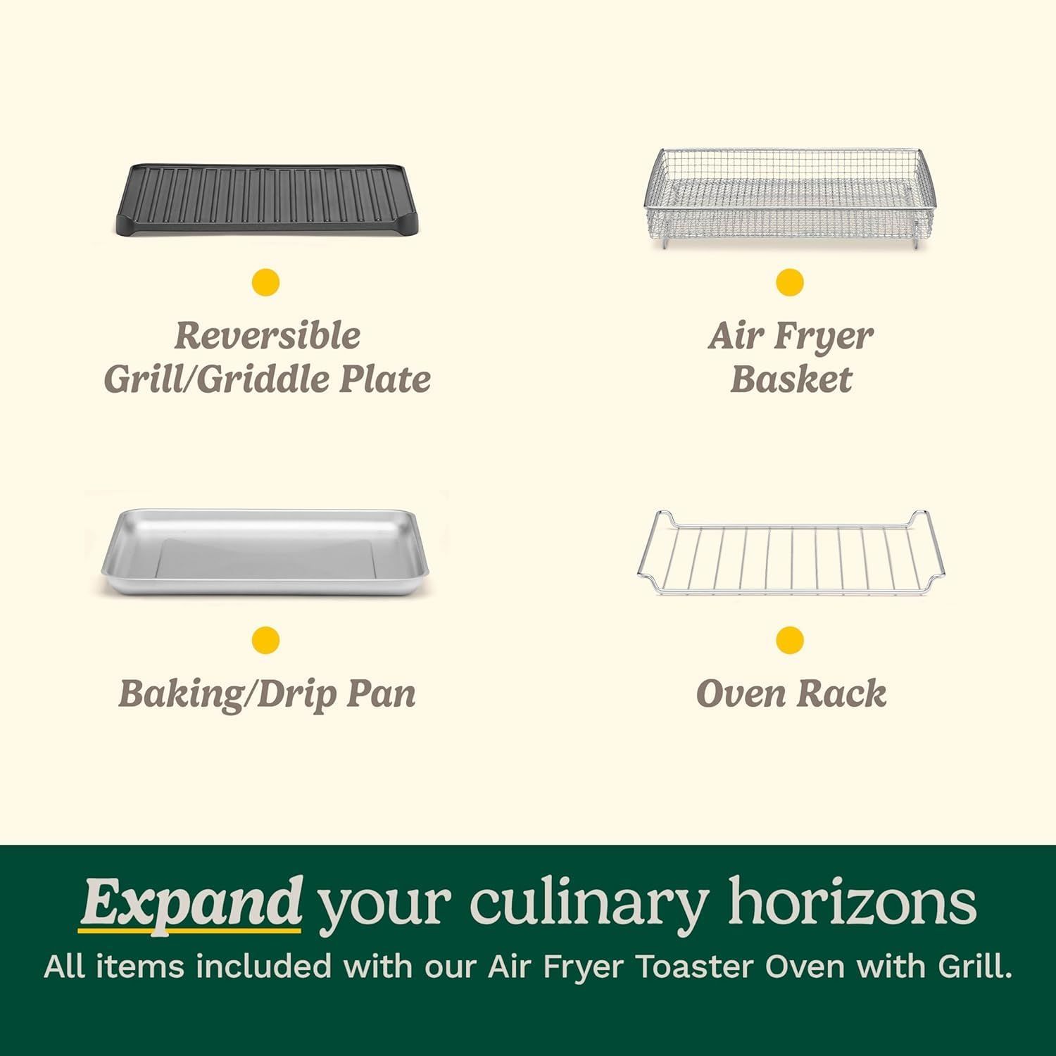Shows all the accessories and components included with the Air Fryer Toaster Oven with Grill, demonstrating the versatility and value of the complete package.