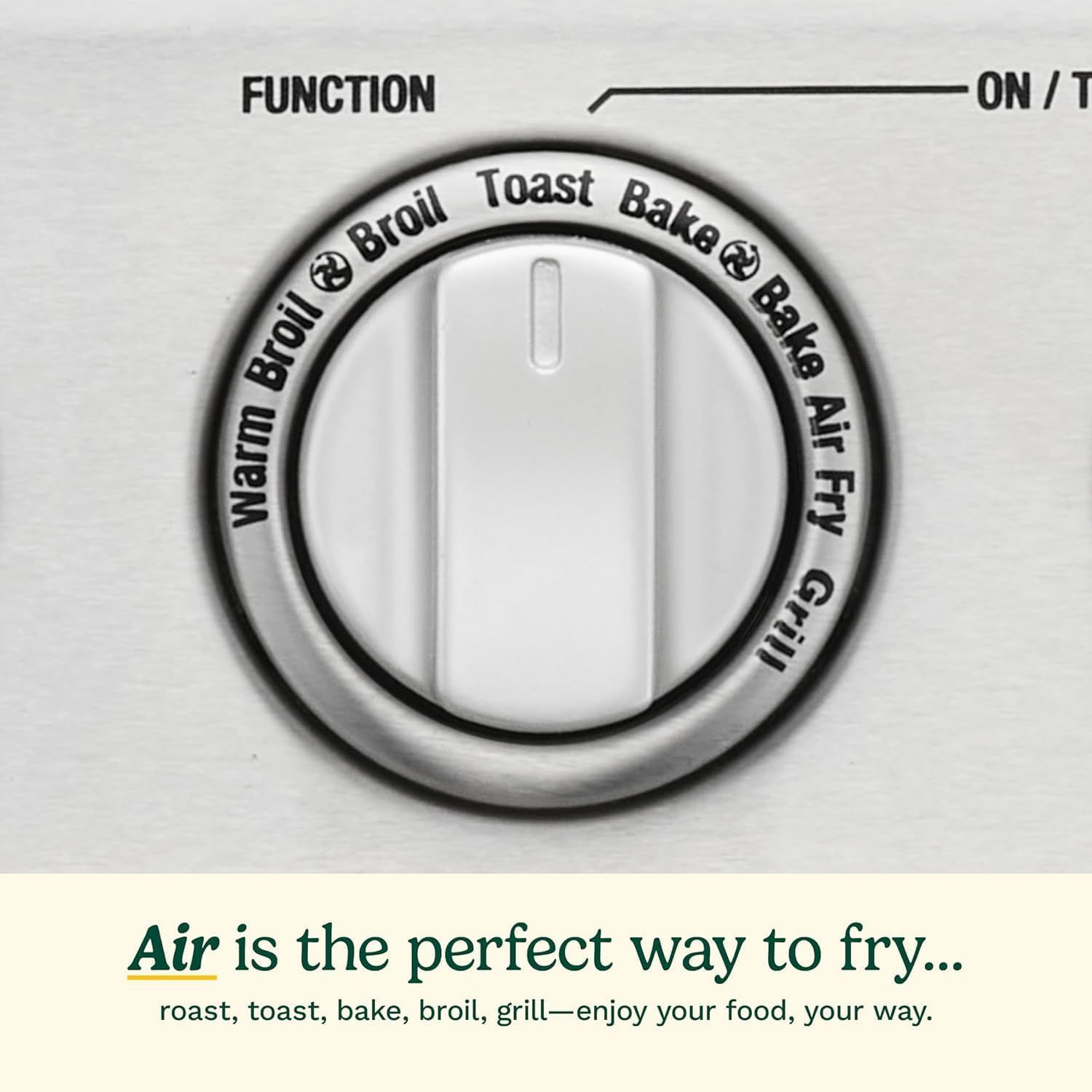 Demonstrates the versatility of the air fryer by showing multiple cooking functions (warm broil, broil, toast, bake, air fry, grill) and communicating that it can handle various cooking methods in…