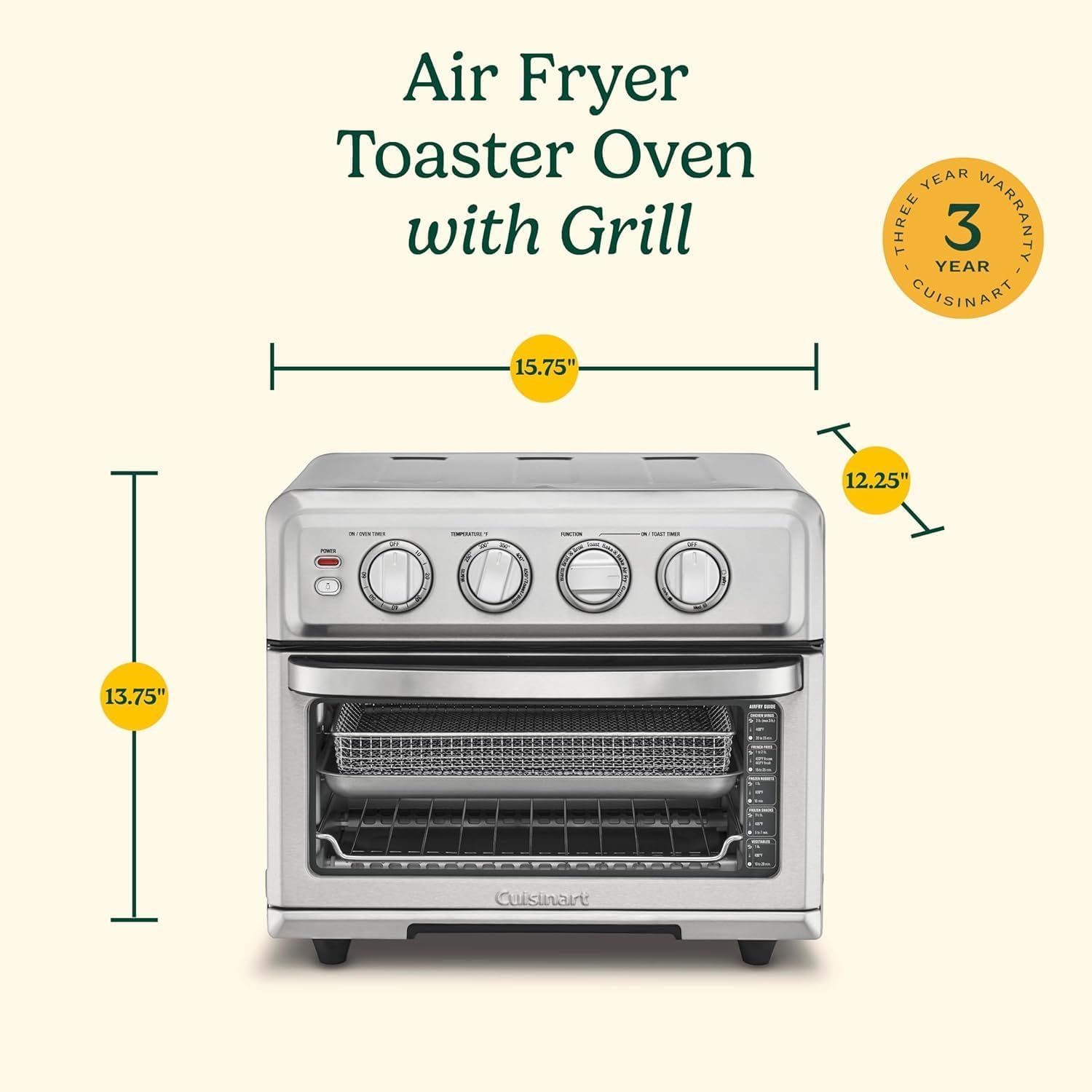 Communicates the exact physical dimensions of the air fryer toaster oven (15.75" width, 13.75" height, 12.25" depth) to help shoppers understand if it will fit in their kitchen space.