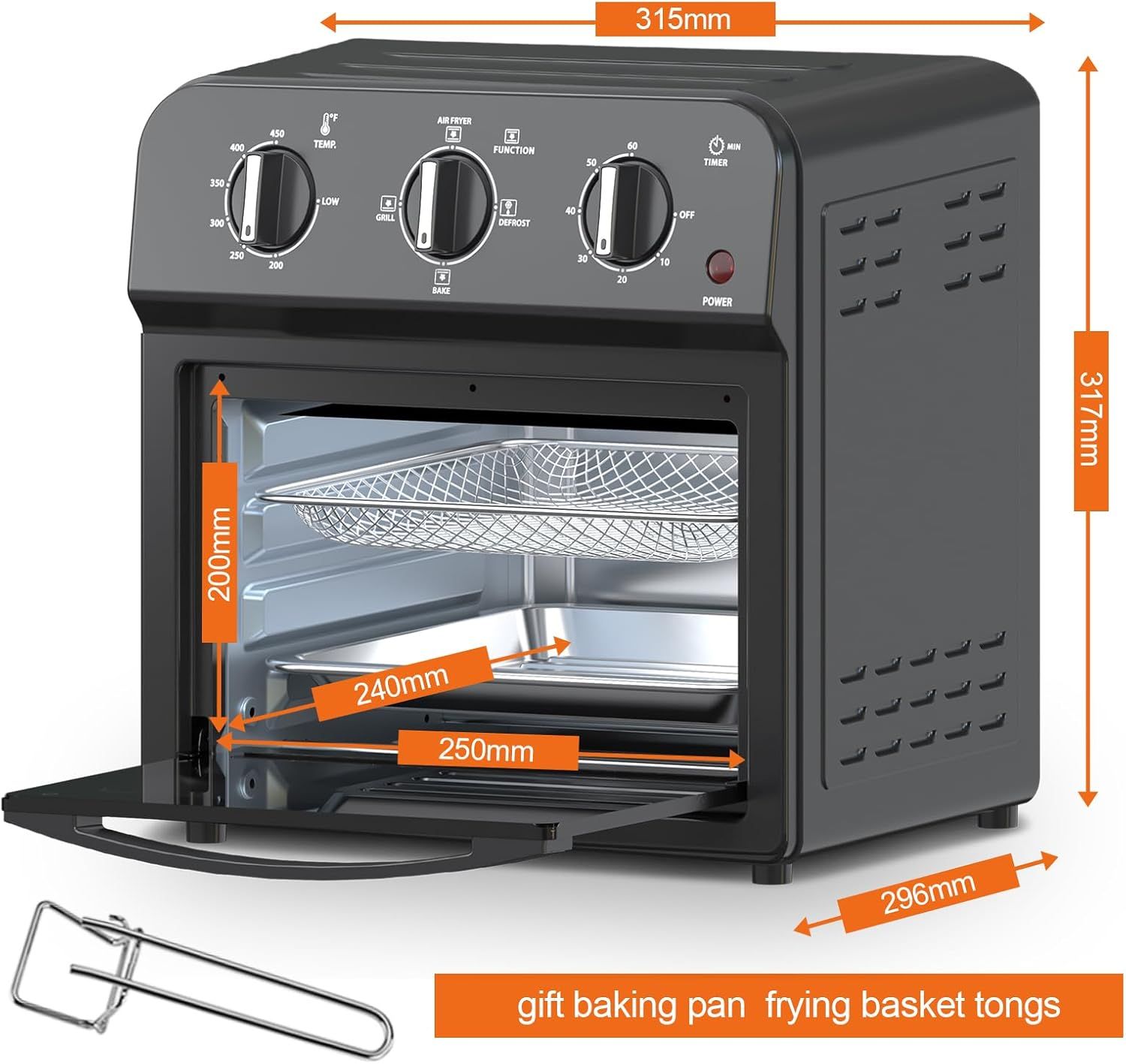 Communicates the exact physical dimensions of the air fryer oven, both externally and internally, to help shoppers understand if it will fit their counter space and cooking needs. Shows the…