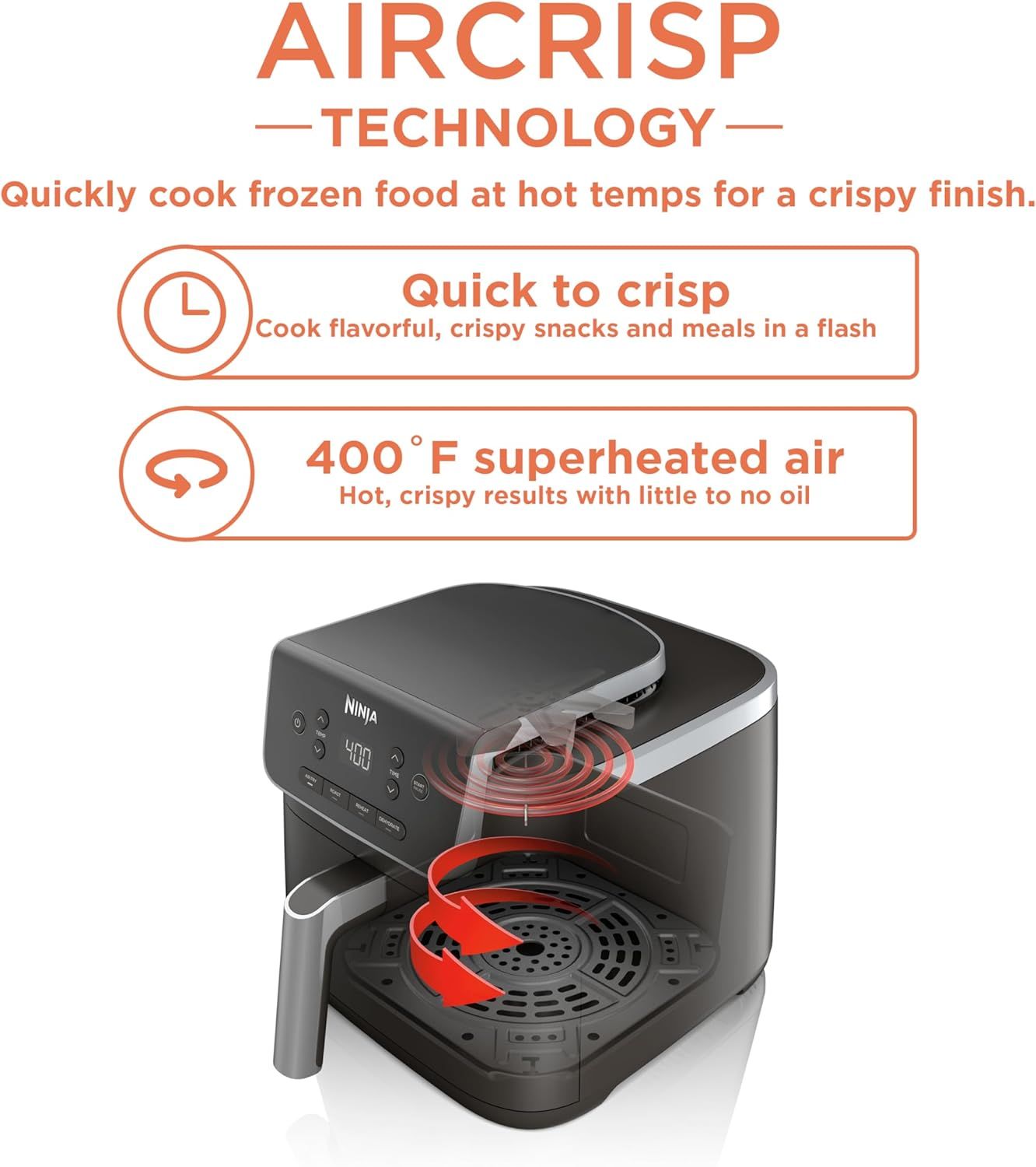 Communicates the AirCrisp technology's dual benefits of fast cooking time and high-heat air circulation that produces crispy results with minimal oil, reassuring shoppers about cooking performance…