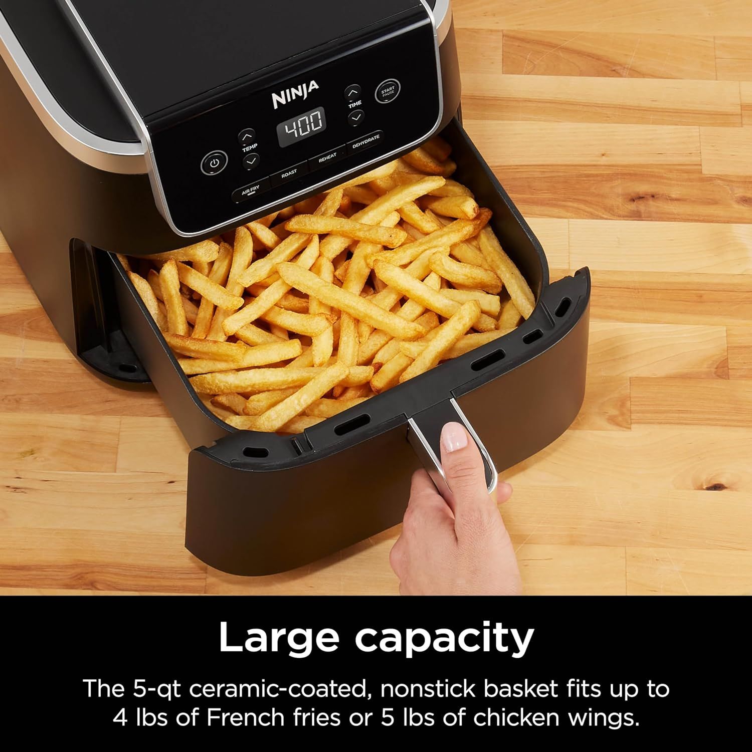 Communicates the generous capacity of the air fryer basket using specific quantifiable measurements to help shoppers understand how much food they can cook at once. Highlights the benefit of being…