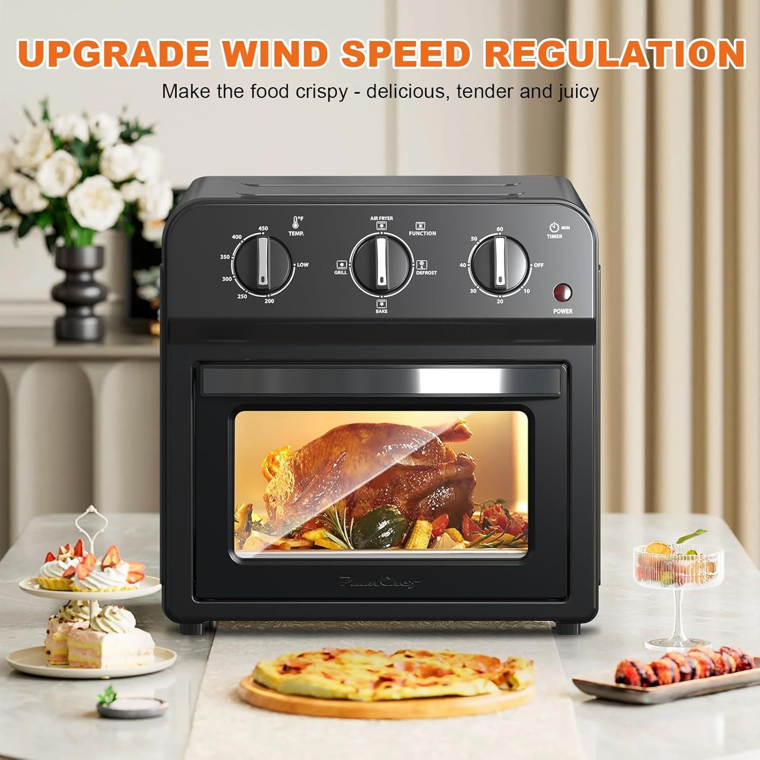 Highlights the upgraded wind speed regulation feature that makes food crispy, delicious, tender, and juicy, reassuring shoppers of improved cooking performance.