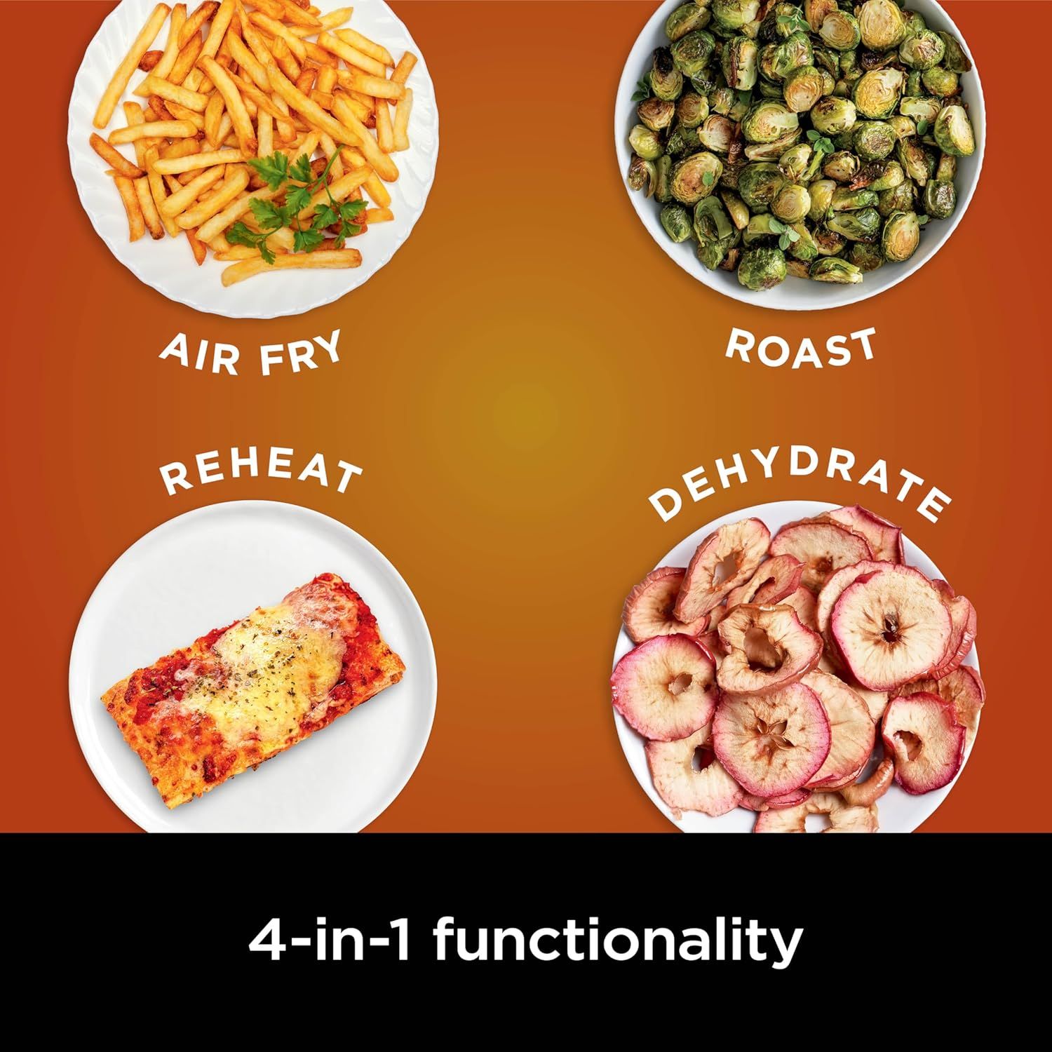 Demonstrates the product's versatility by showcasing four distinct cooking functions with visual examples of food prepared using each mode, reassuring shoppers of the appliance's multi-functionality.