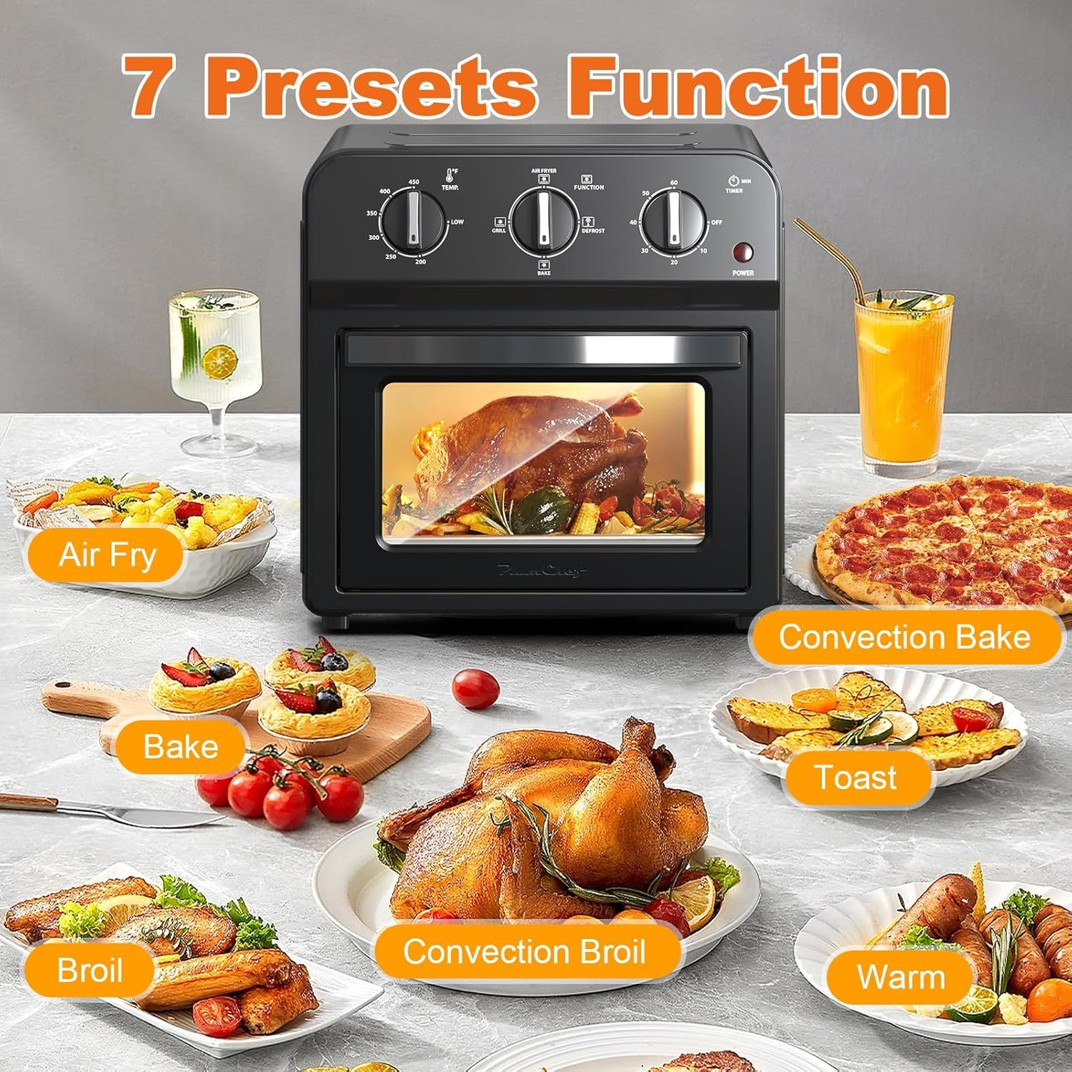 Demonstrates the versatility of the air fryer oven by showcasing seven different cooking functions and the variety of foods that can be prepared with each preset mode.
