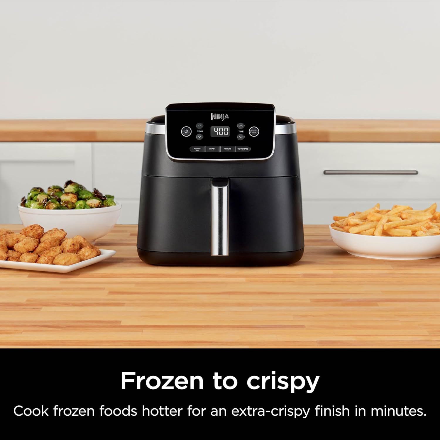 Communicates that the air fryer can cook frozen foods to an extra-crispy finish quickly, emphasizing convenience and cooking performance.