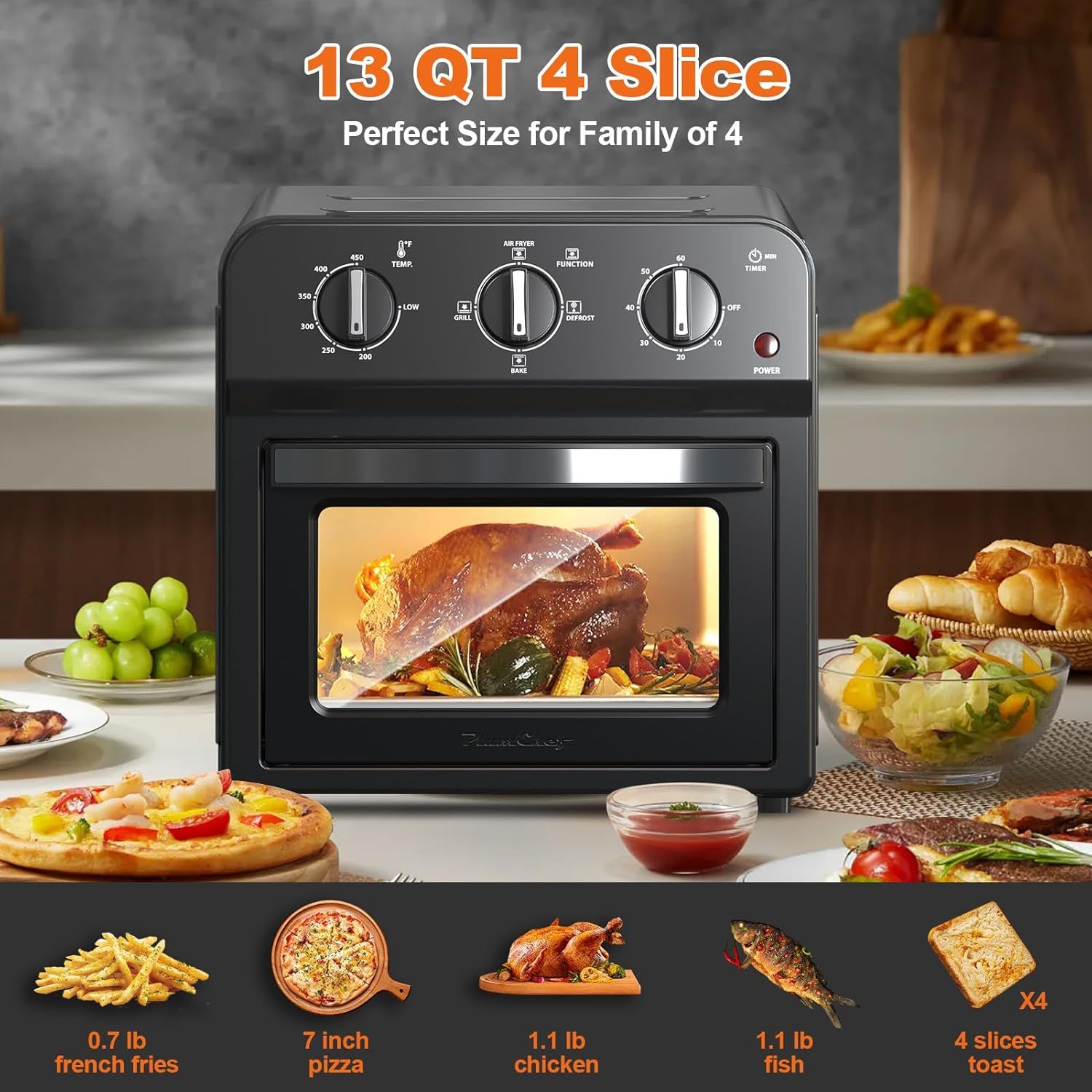 Communicates the product's capacity and suitability for a family of 4 by showing the 13 QT size and providing visual examples of food quantities it can accommodate (french fries, pizza, chicken,…