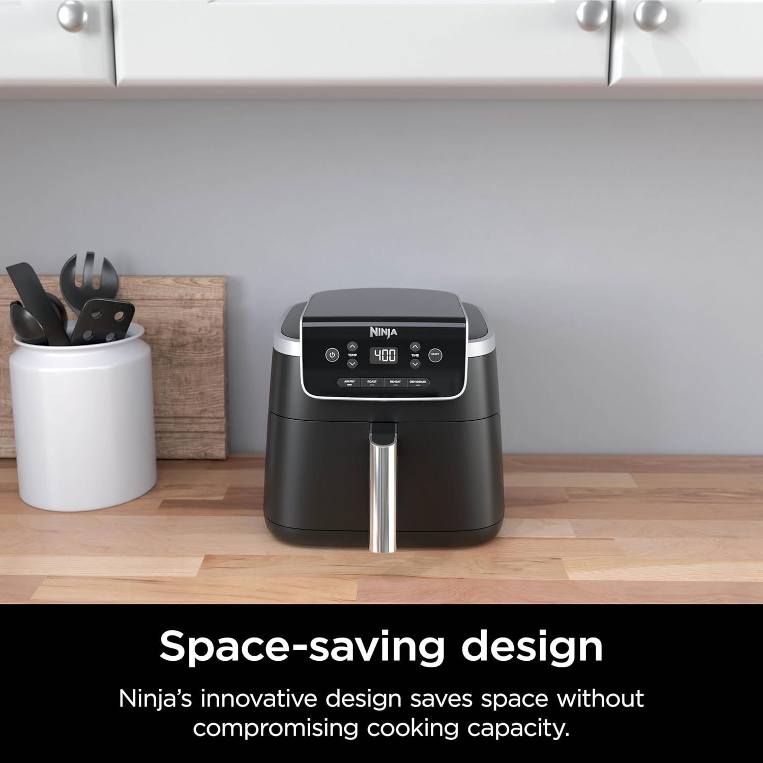 Communicates that the Ninja air fryer has a compact, space-saving design that fits easily on countertops without sacrificing cooking capacity, reassuring shoppers with limited kitchen space.