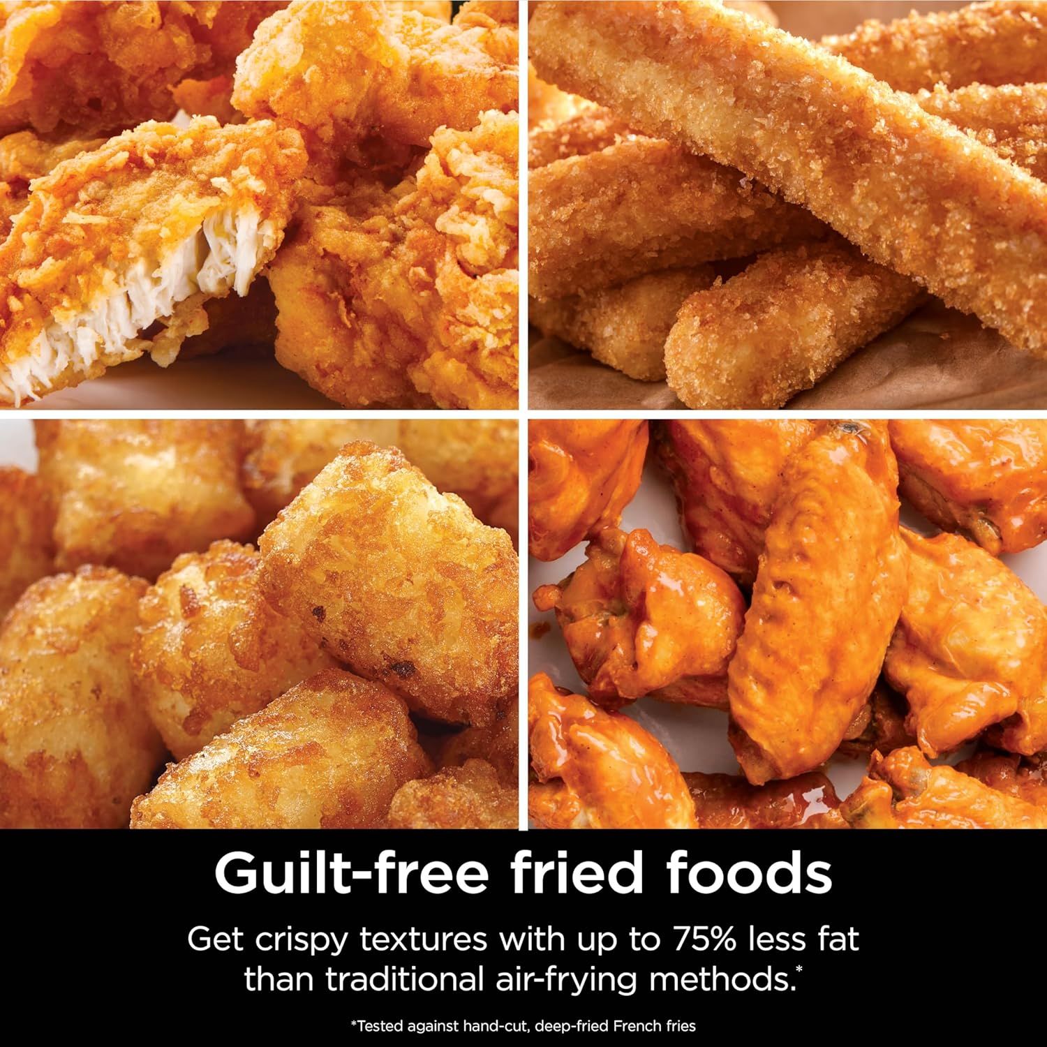 Communicates a quantifiable health benefit to reassure shoppers that they can enjoy fried foods with significantly reduced fat content compared to traditional air-frying methods. Demonstrates the…