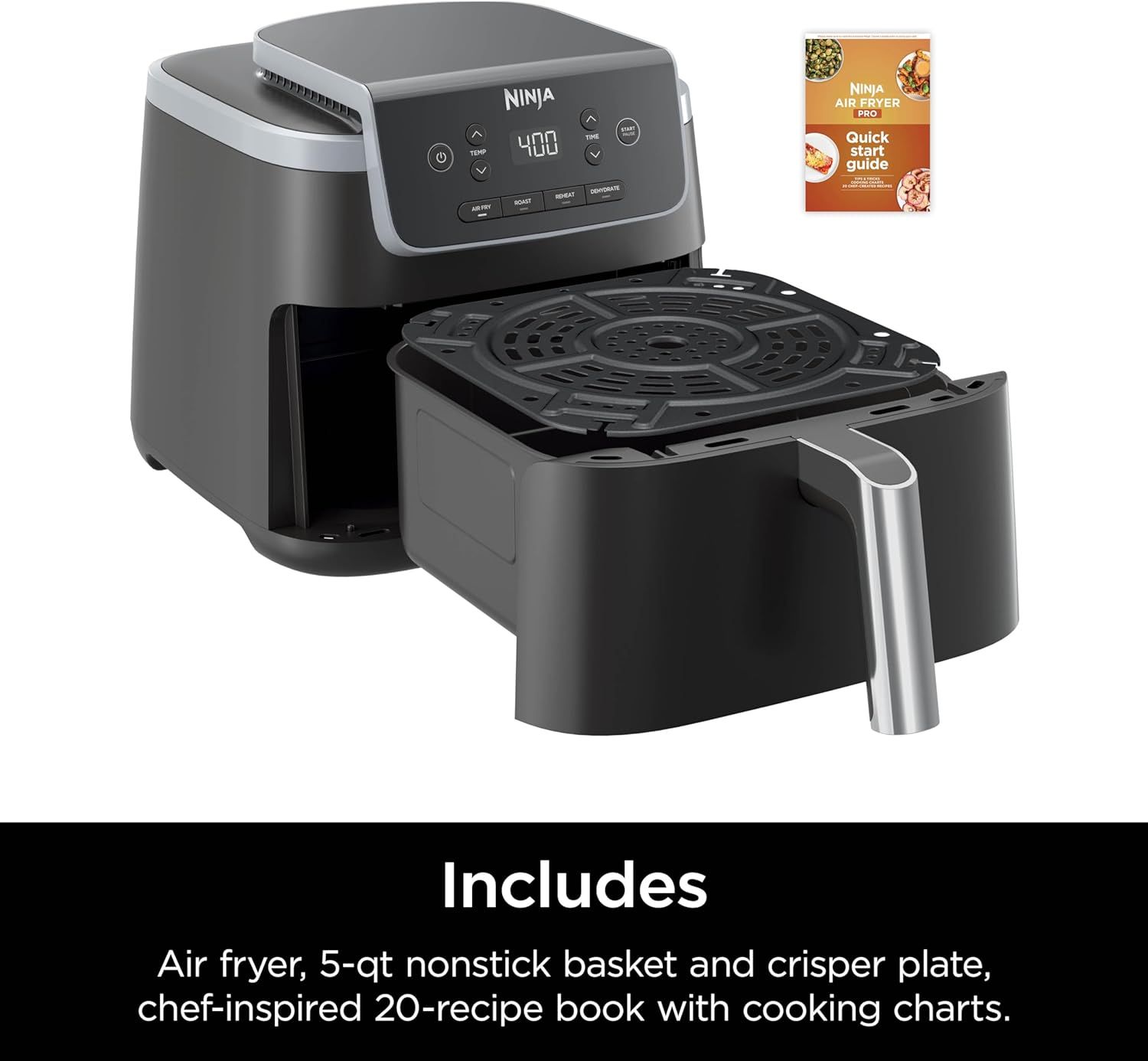 Shows the customer everything included in the package: the air fryer, basket, crisper plate, and recipe book to communicate the complete value of the purchase.