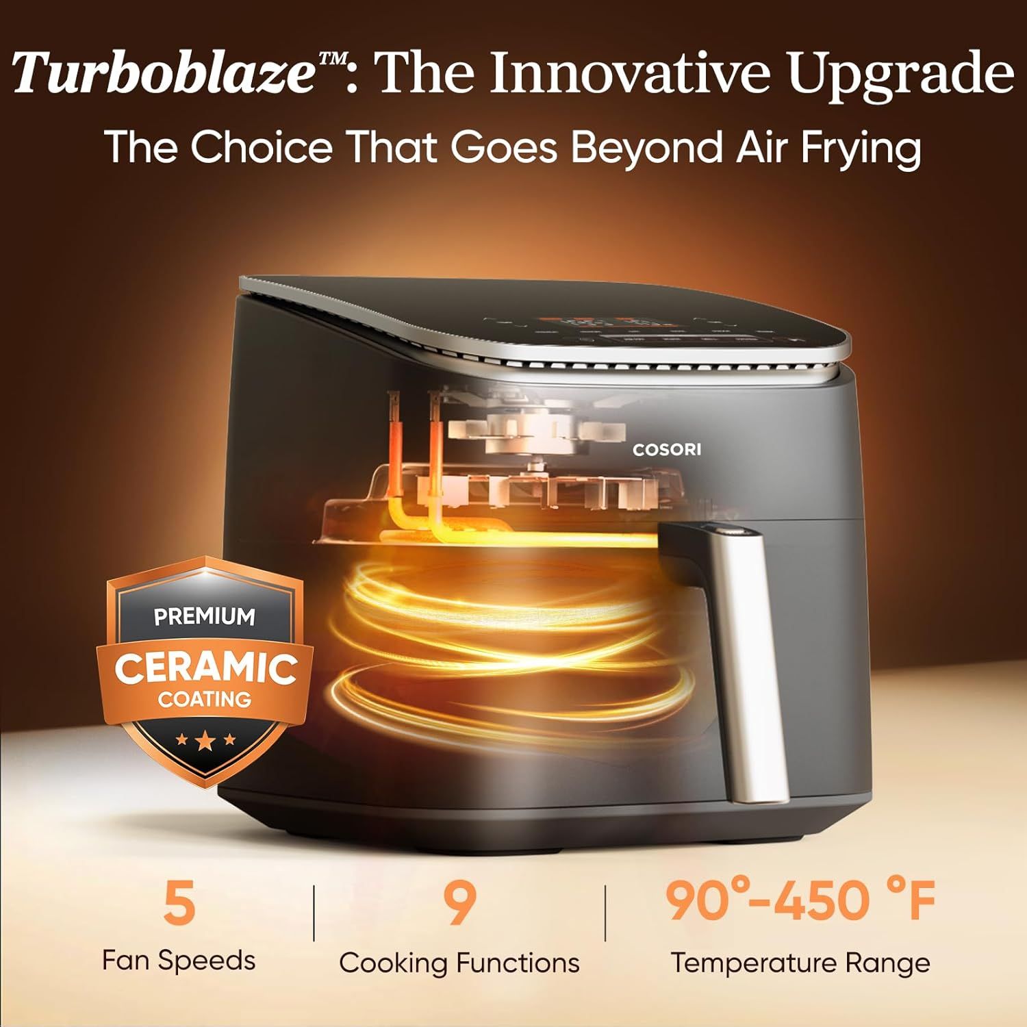 Communicates multiple key features and specifications of the air fryer to demonstrate its versatility and advanced technology, emphasizing the innovative Turboblaze heating system and premium…