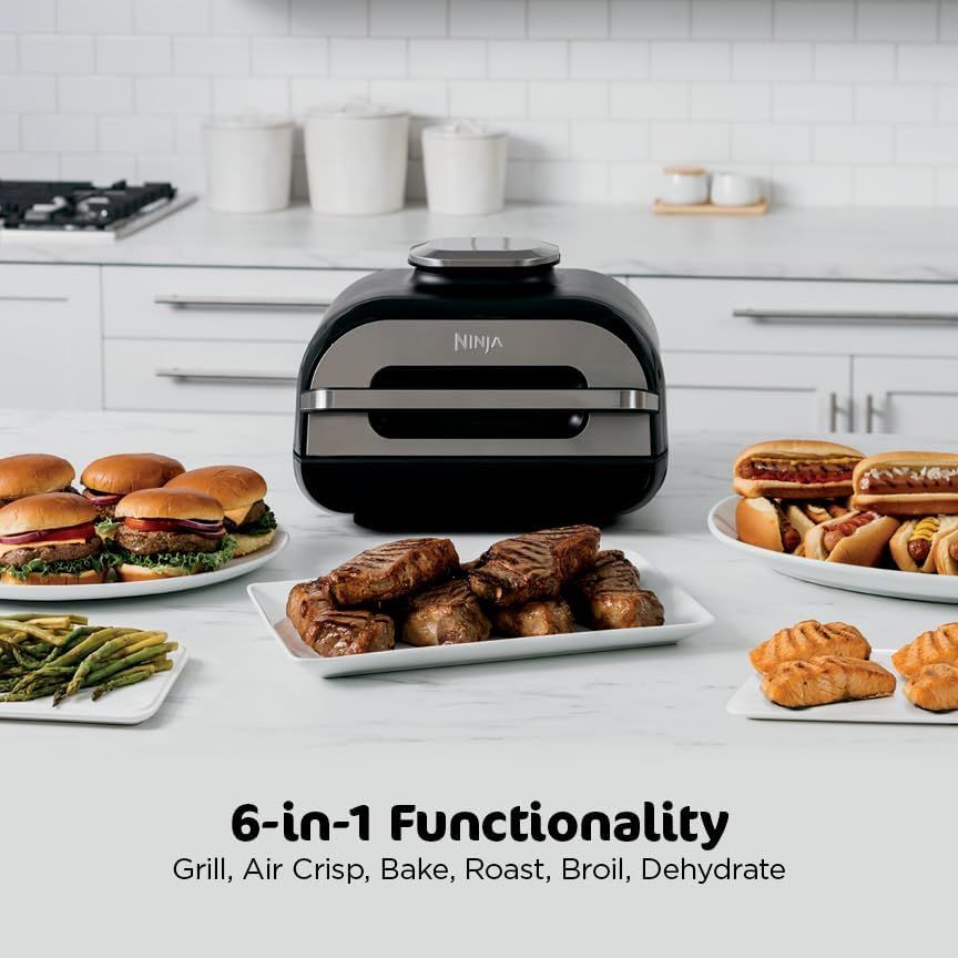 Demonstrates the product's versatility by showing multiple types of food it can prepare (burgers, steaks, hot dogs, vegetables, croissants), reinforcing the 6-in-1 functionality claim to help…