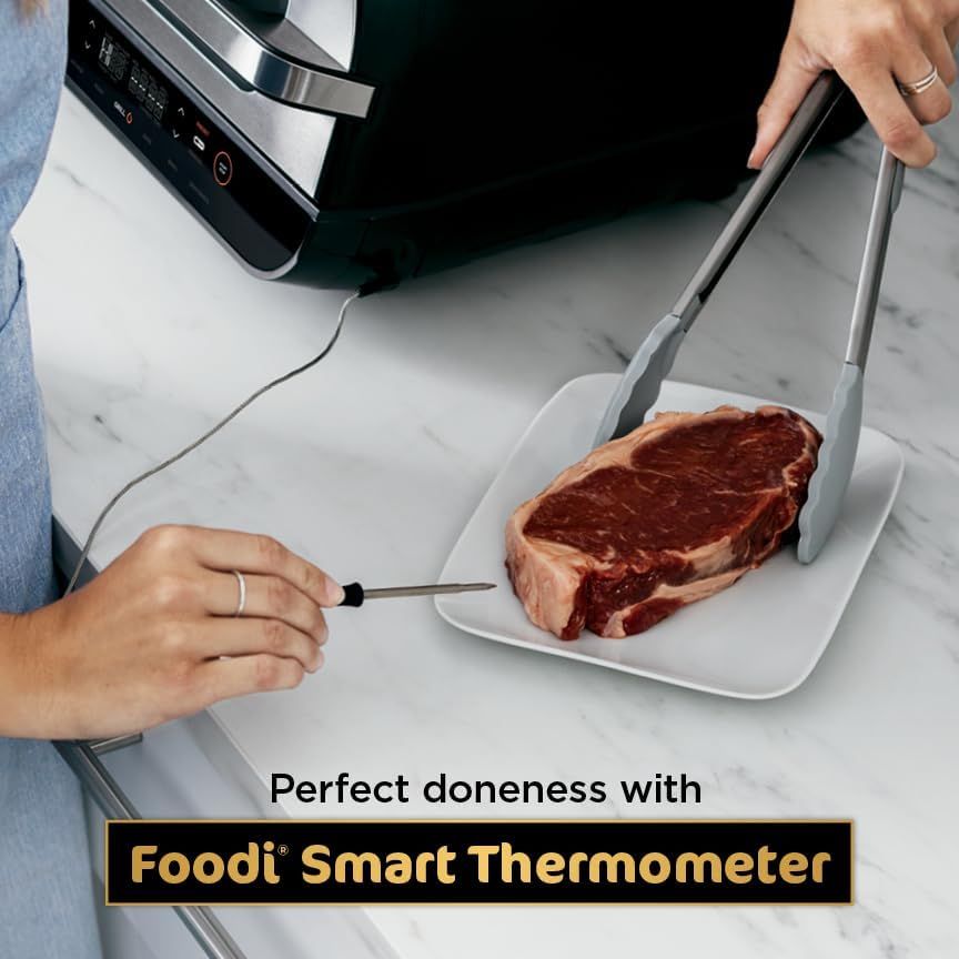 Demonstrates the product's ability to achieve perfect cooking results by using a smart thermometer to monitor meat doneness, reassuring shoppers of precision and cooking confidence.
