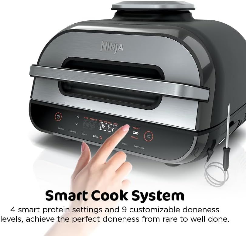Highlights the product's smart cooking technology with customizable protein settings and doneness levels, reassuring shoppers they can achieve perfect cooking results from rare to well done.