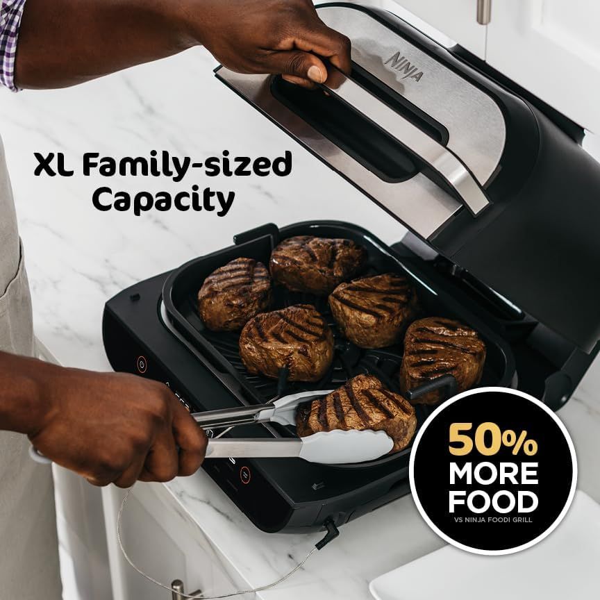 Communicates the product's large cooking capacity with a quantifiable comparison stat to show it can cook significantly more food than a competitor product, appealing to families and those cooking…