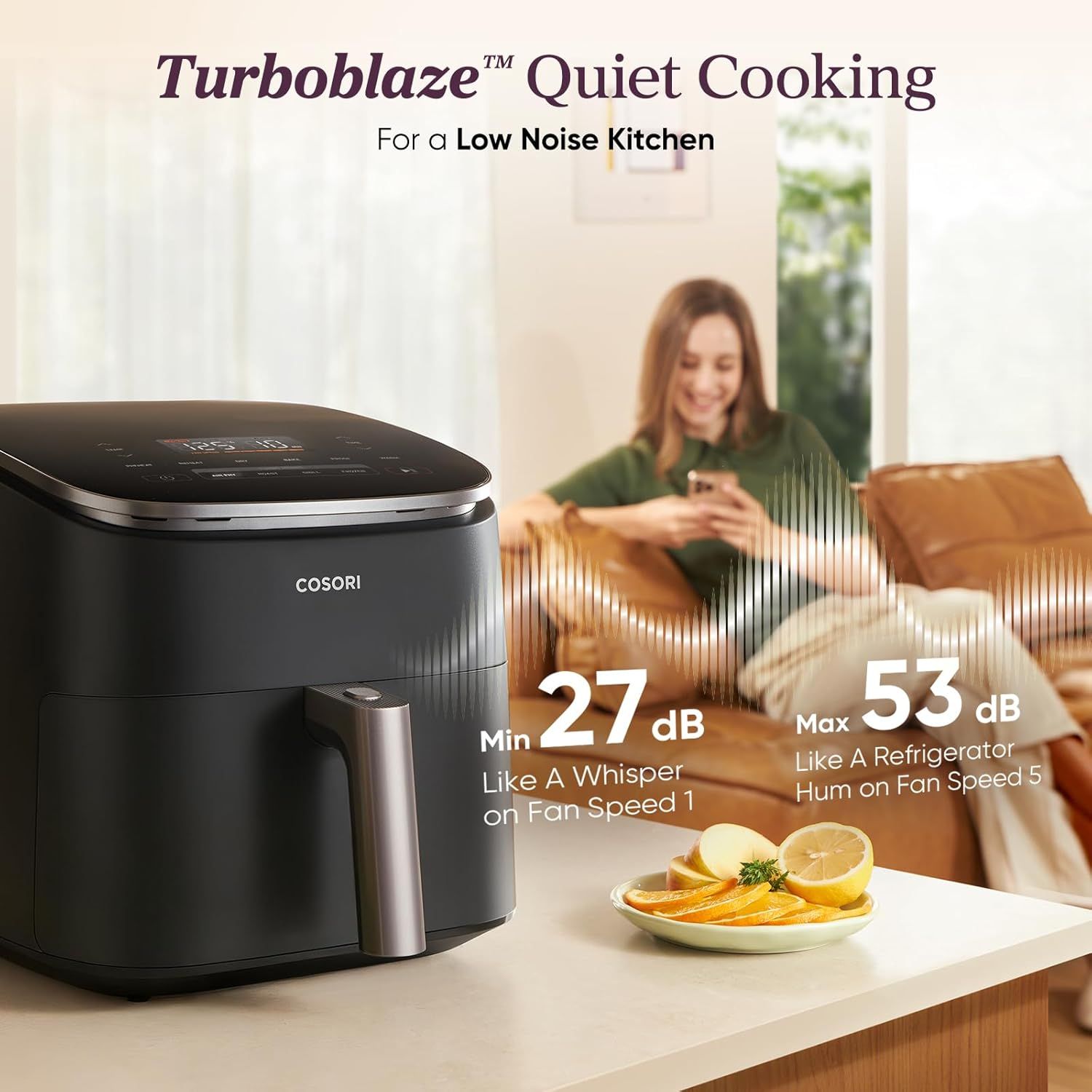 Communicates the product's quiet cooking performance with specific decibel measurements (27 dB minimum, 53 dB maximum) to reassure shoppers that this air fryer operates quietly and won't disrupt…