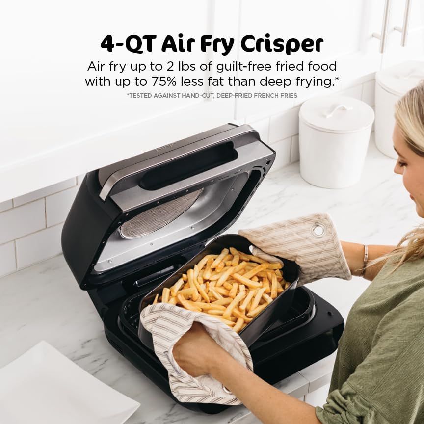 Communicates the air fryer's capacity and key health benefit—up to 75% less fat than deep frying—to appeal to health-conscious shoppers seeking guilt-free fried food. Reinforces the core benefit of…