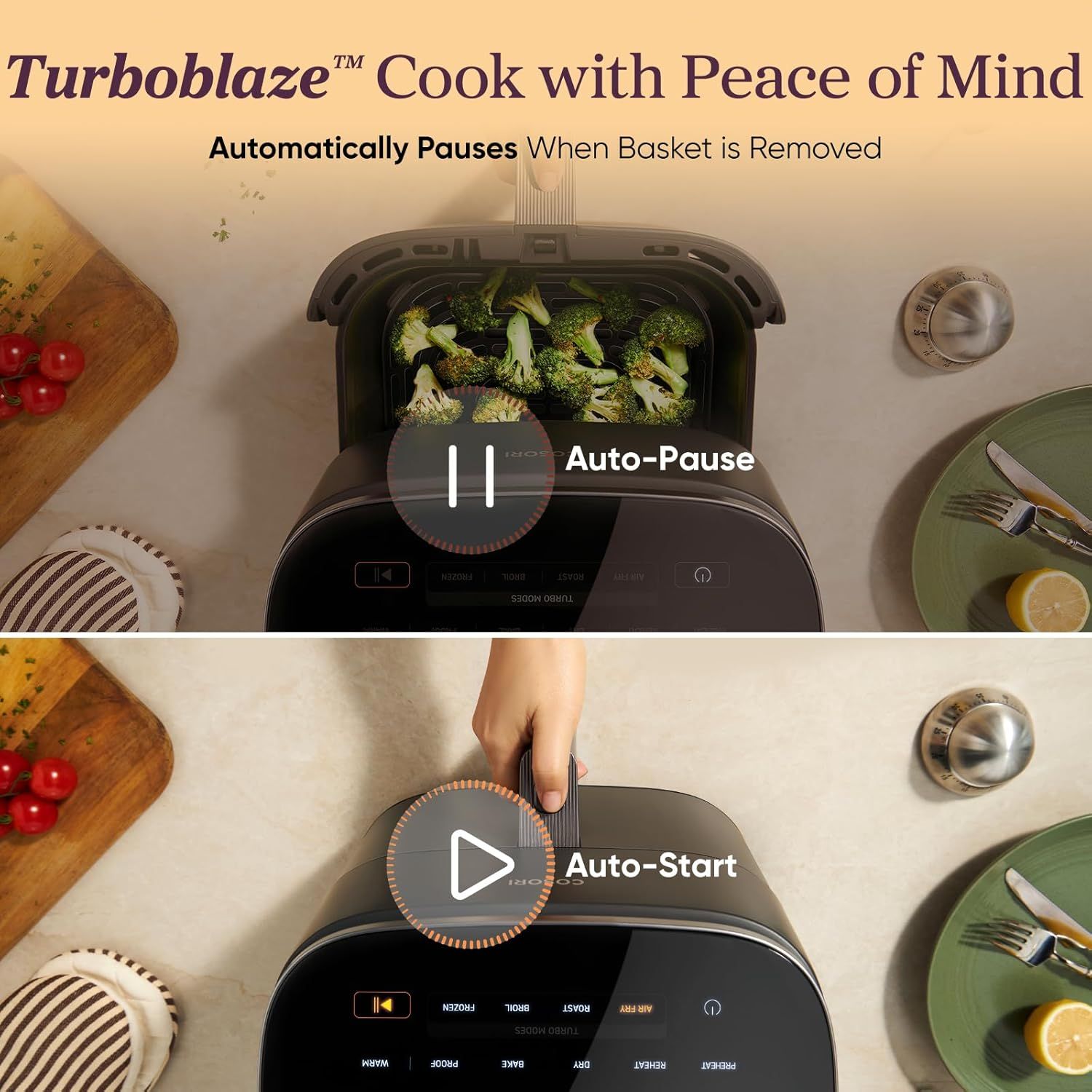 Demonstrates how the Turboblaze air fryer automatically pauses when the basket is removed and resumes when replaced, reassuring shoppers of convenient and safe operation. Highlights the automatic…