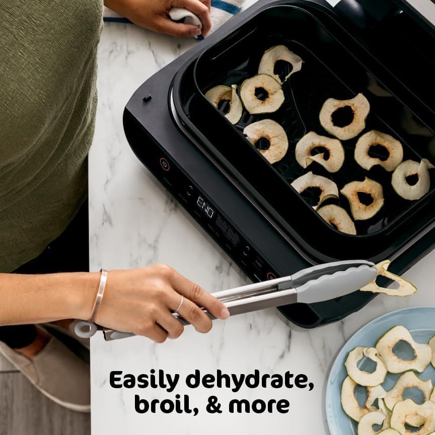 Demonstrates the product's versatility by showing it can perform multiple cooking functions like dehydrating and broiling, reassuring shoppers of its multi-use capability. Communicates the core…
