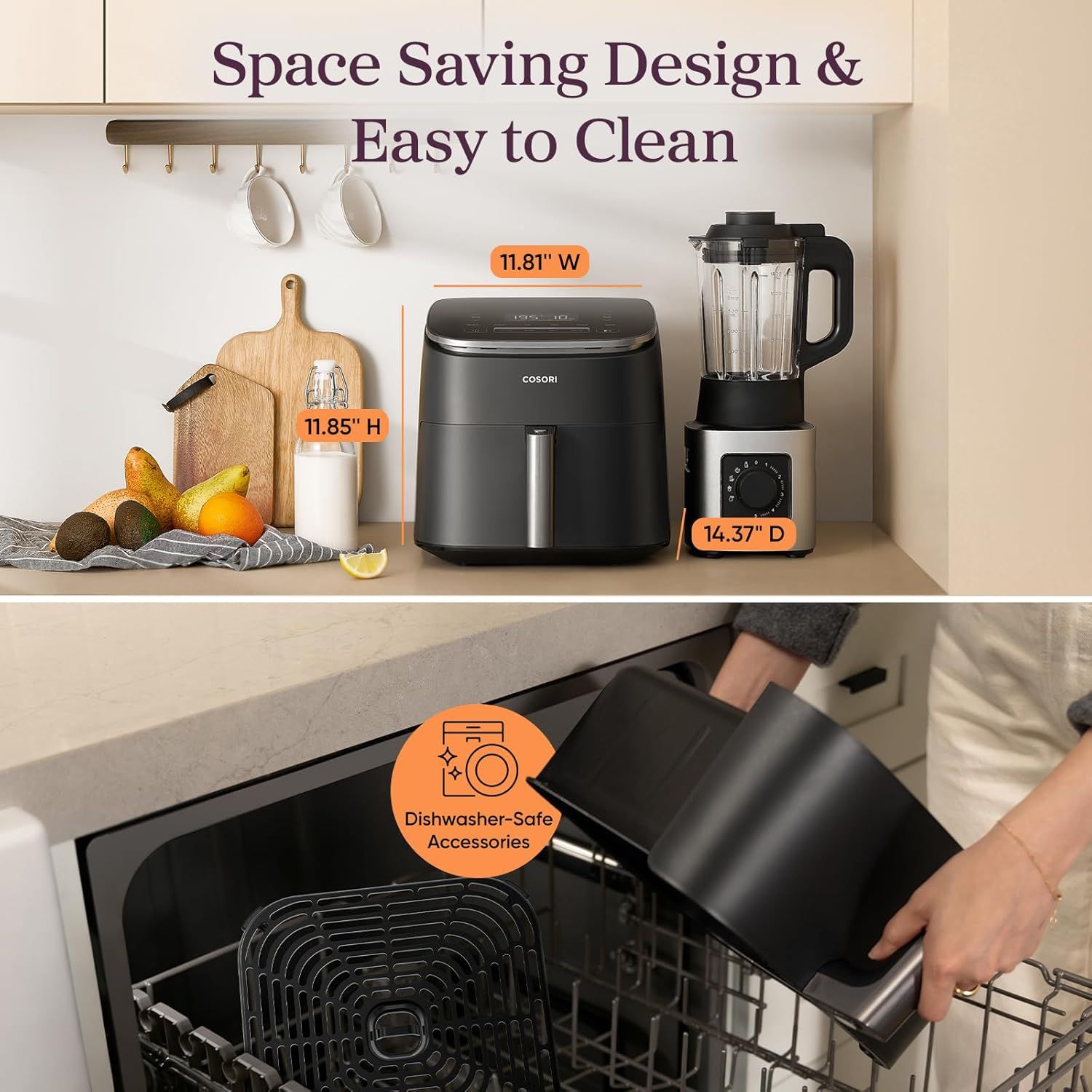 Communicates the product's compact footprint with exact measurements to reassure shoppers it will fit on their countertop without taking up excessive space. Highlights the convenience of easy…