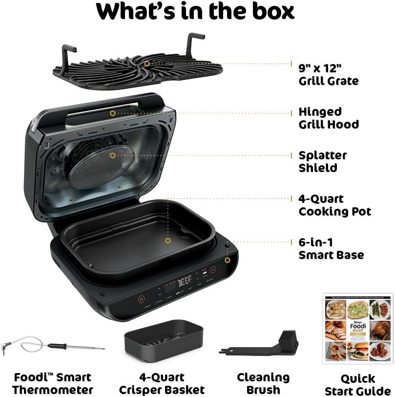 Shows the customer everything included in the purchase—the main grill unit with all its components, plus accessories like thermometer, crisper basket, cleaning brush, and quick start guide—to…