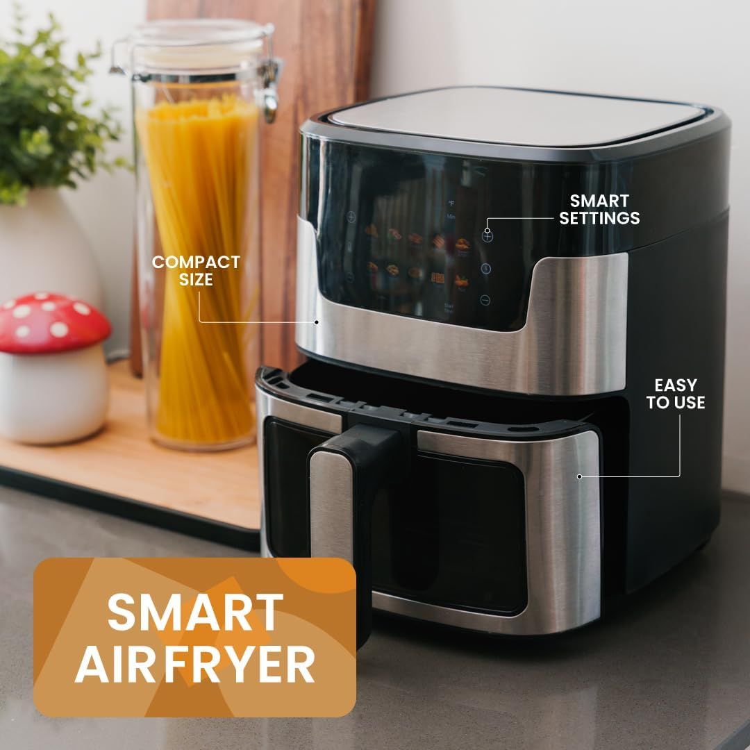 Highlights three distinct benefits of the air fryer—its space-saving size, intelligent controls, and user-friendly design—to reassure shoppers that it's both functional and convenient for everyday…