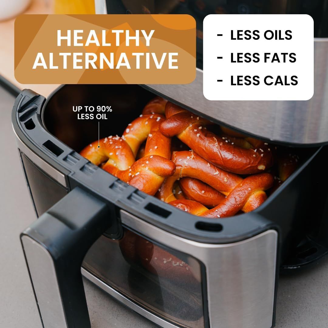 Communicates the air fryer's health benefits by highlighting the quantifiable reduction in oil usage (up to 90% less) and resulting lower fat and calorie content, positioning it as a healthier…