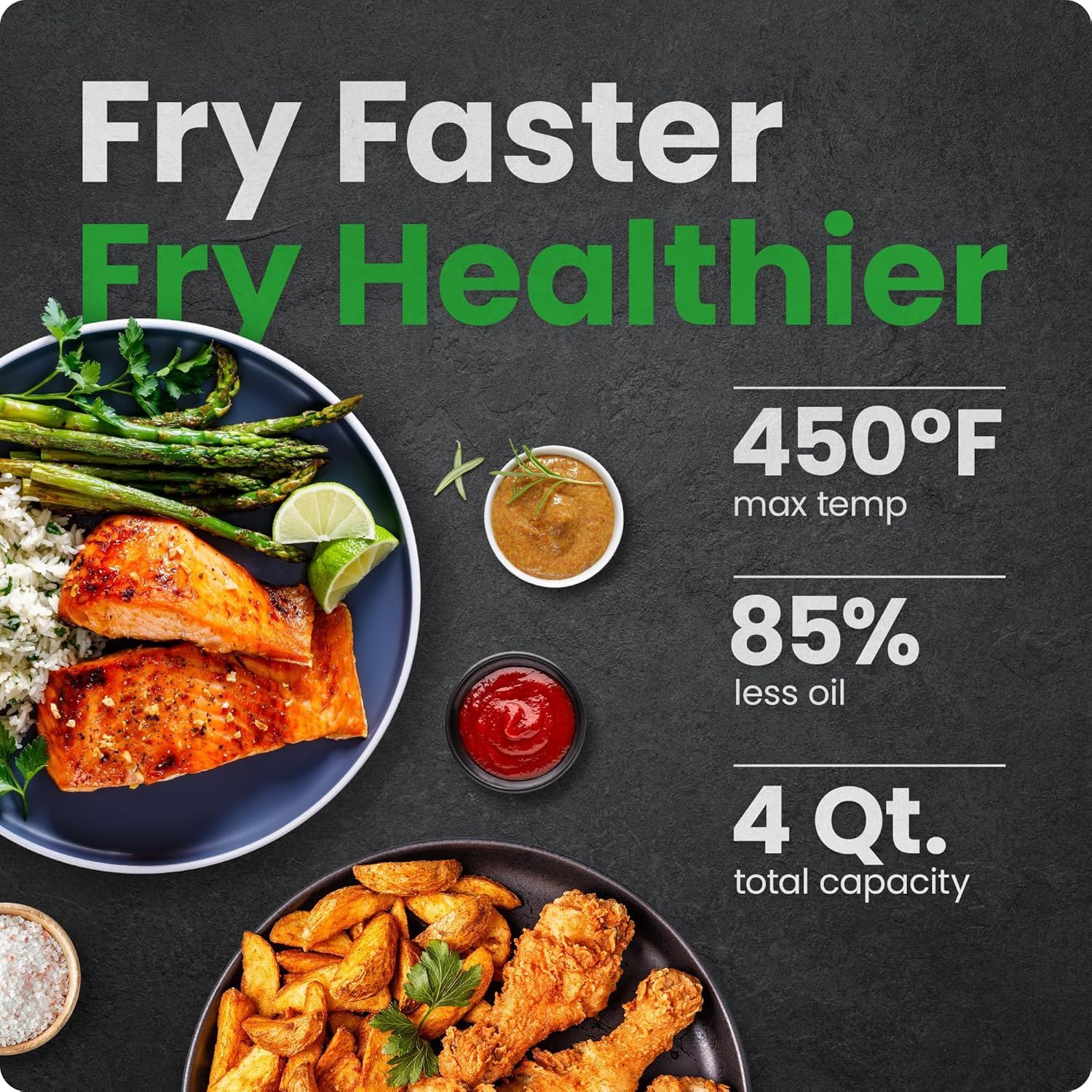 Communicates multiple key benefits of the air fryer in a segmented layout: faster and healthier cooking at 450°F max temp, 85% less oil for healthier meals, and 4 Qt. total capacity for family-sized…