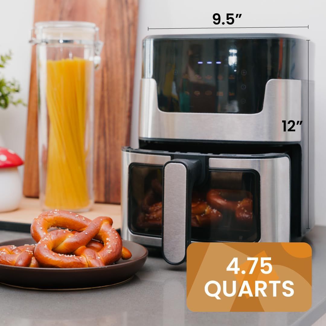 Communicates the physical size (9.5" width, 12" height) and capacity (4.75 quarts) of the air fryer to help shoppers understand if it fits their counter space and cooking needs. Highlights the…