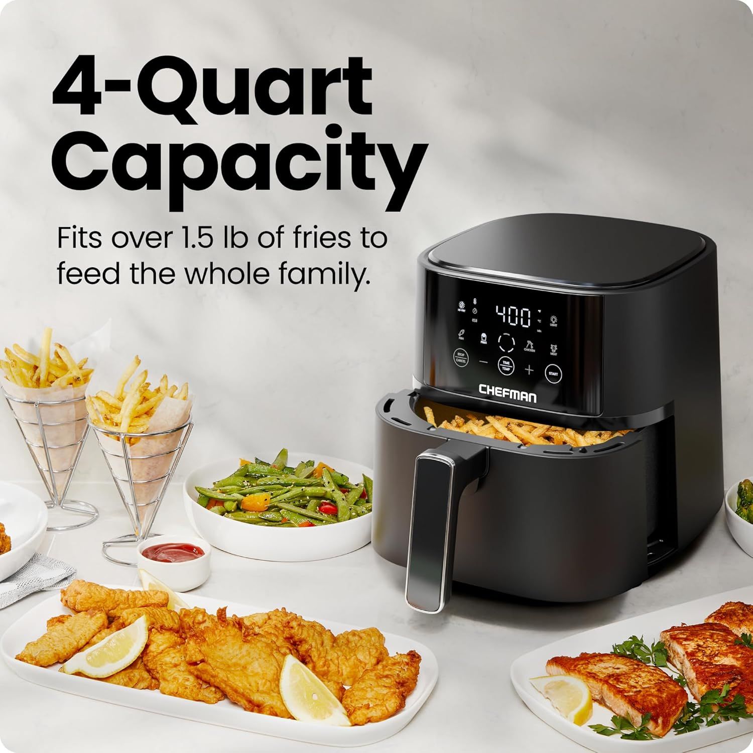 Communicates the large capacity of the air fryer (4 quarts, fits over 1.5 lb of fries) to reassure shoppers it can feed the whole family. Highlights the benefit of being able to cook enough food for…