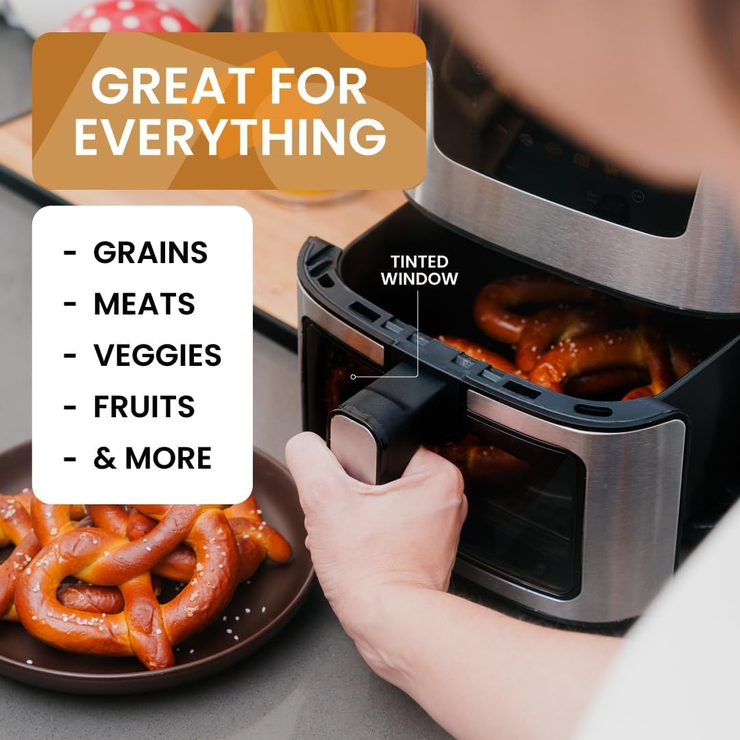 Demonstrates the product's versatility by showing it can cook multiple food types (grains, meats, veggies, fruits), reassuring shoppers of its wide range of applications. Highlights the tinted…