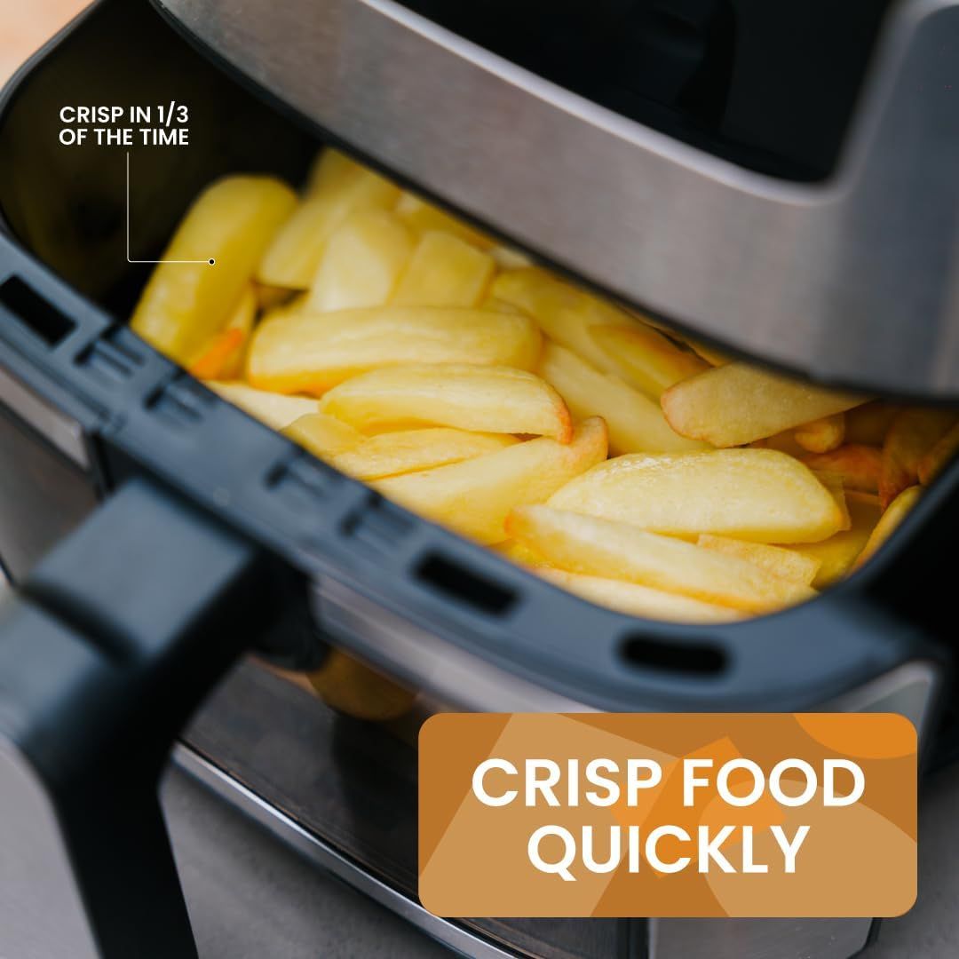 Communicates the product's fast cooking performance by highlighting that it achieves crispy results in one-third the time, reassuring shoppers about time-saving efficiency. Demonstrates the air…