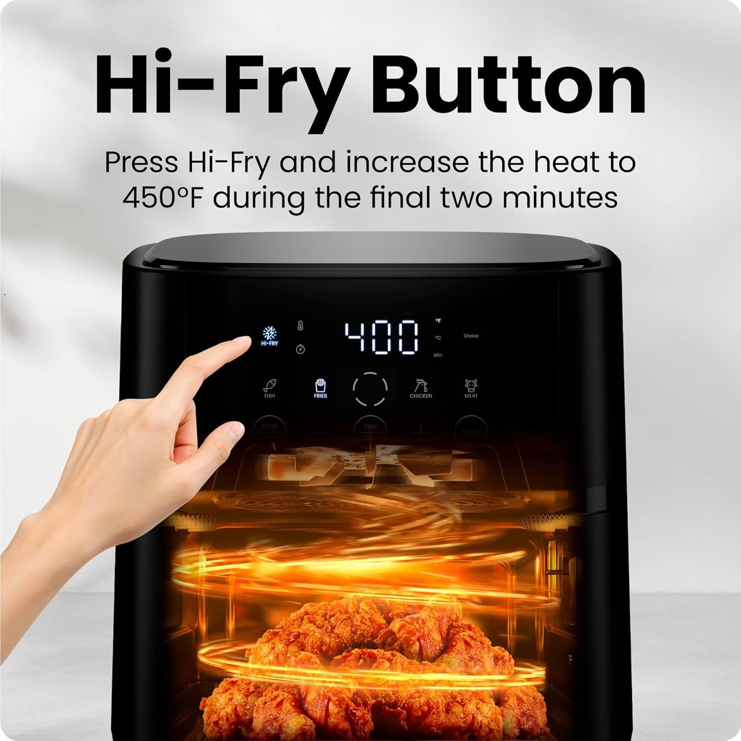 Highlights the Hi-Fry button feature that allows users to increase heat to 450°F for crispy results, demonstrating ease of use and cooking performance.