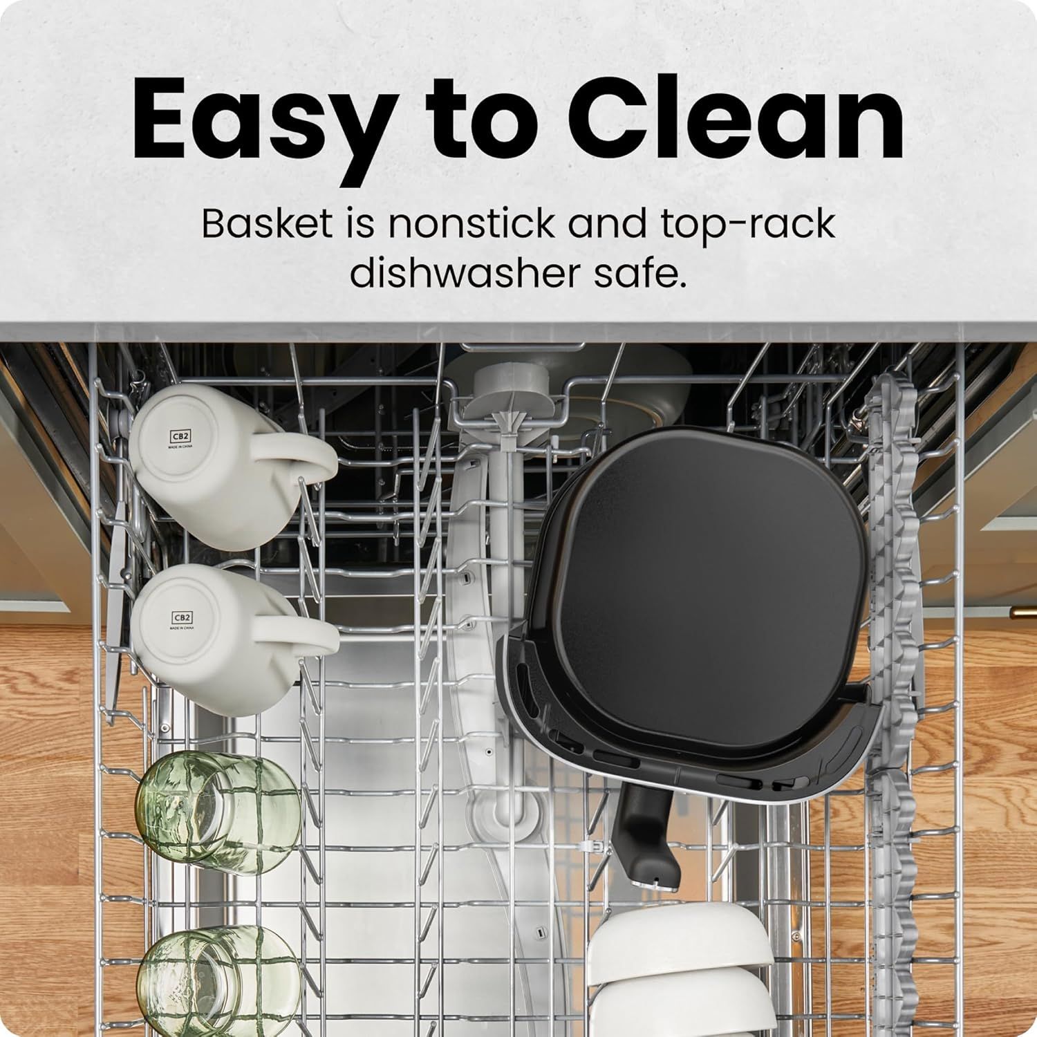 Communicates that the product basket is convenient to maintain, being nonstick and dishwasher safe, reducing cleanup effort for the shopper.