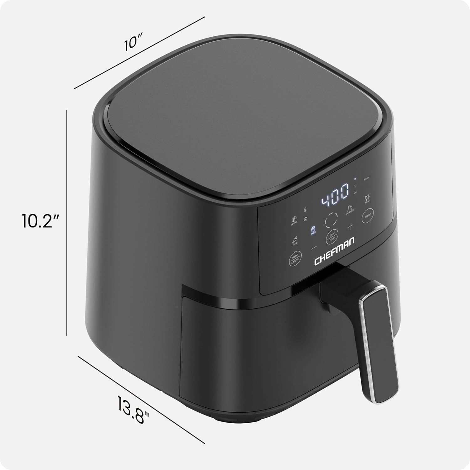 Communicates the exact physical dimensions of the air fryer (10" x 10.2" x 13.8") to help shoppers understand the product's footprint and whether it will fit in their kitchen space.