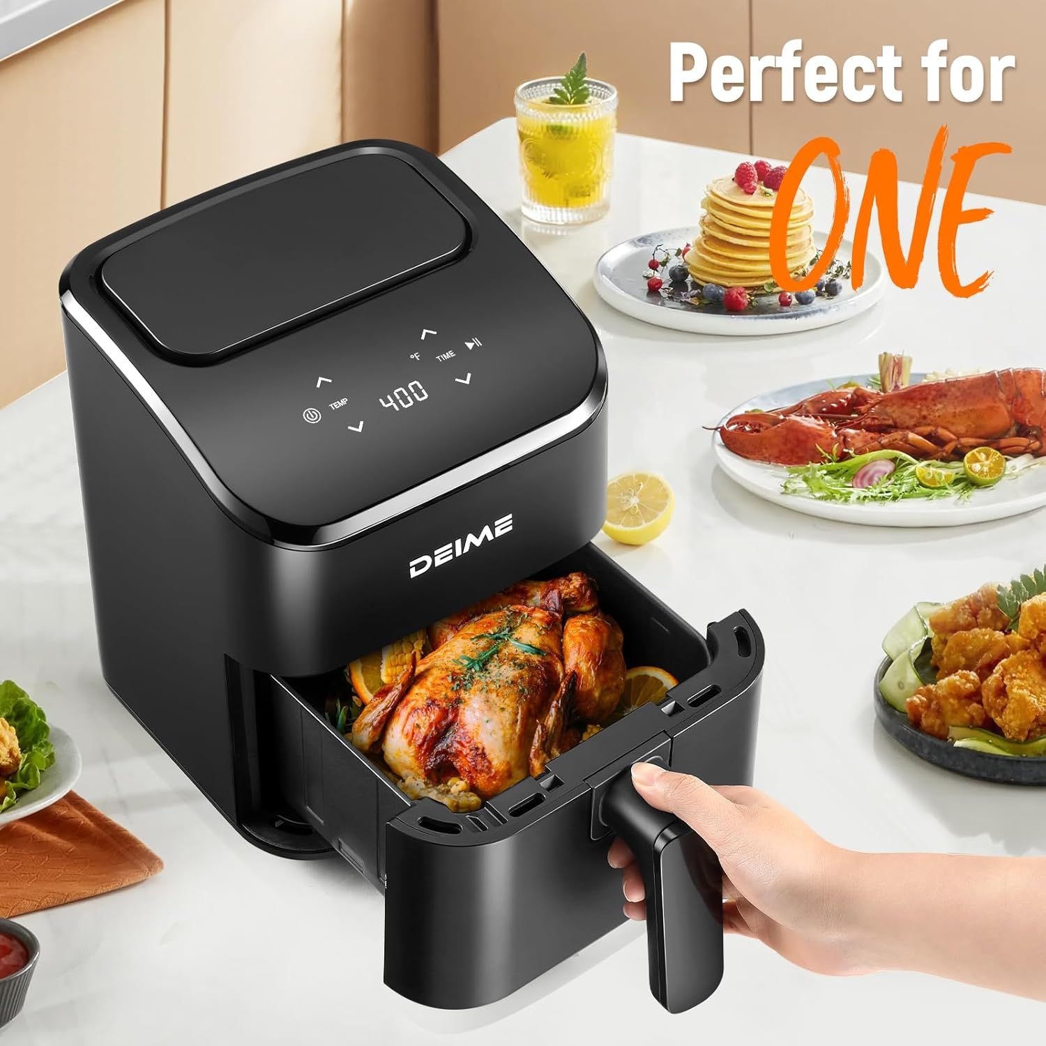 Demonstrates the air fryer's versatility by showing multiple types of dishes it can prepare (pancakes, lobster, chicken, fried foods), reassuring shoppers that this one appliance can handle diverse…