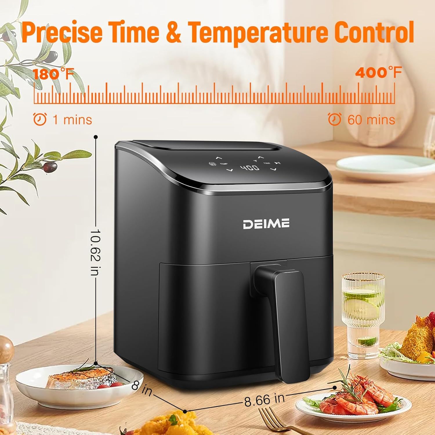 Shows the exact physical dimensions of the air fryer (10.62 in height, 8 in depth, 8.66 in width) to help shoppers understand the product's footprint and whether it will fit in their kitchen space.…