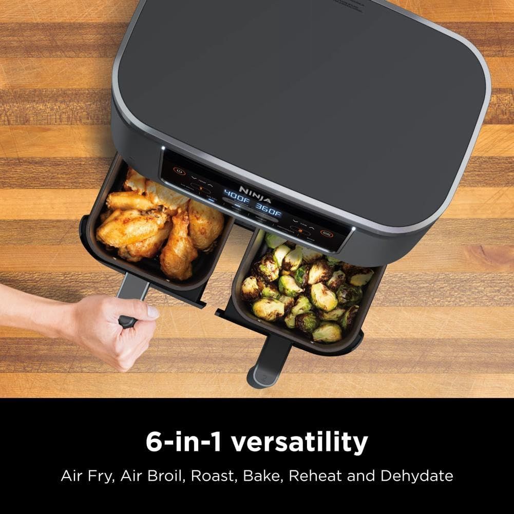 Demonstrates the product's versatility by highlighting six different cooking functions (Air Fry, Air Broil, Roast, Bake, Reheat, and Dehydrate) to show shoppers the multiple ways they can use this…