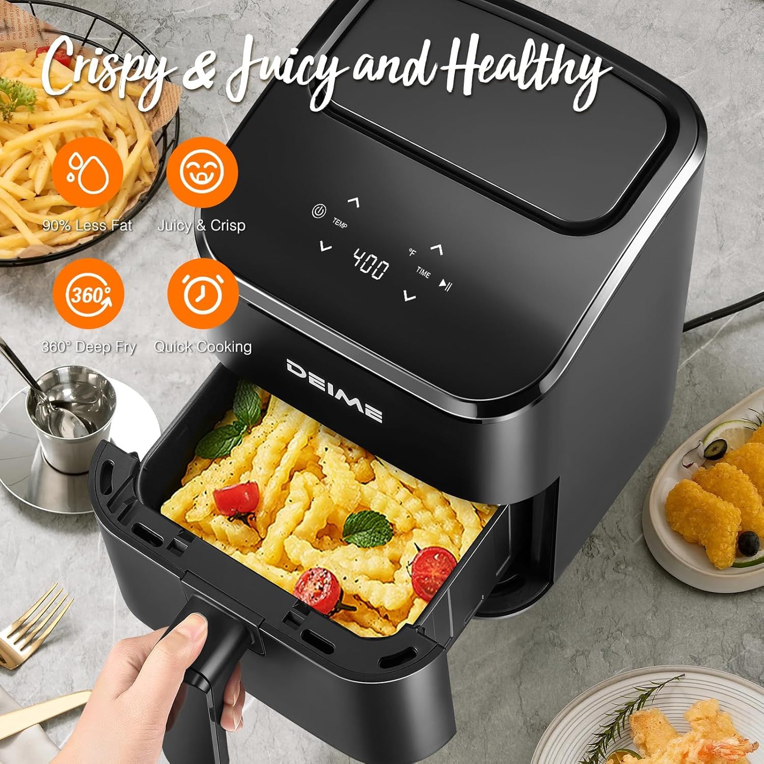 Communicates multiple key benefits of the air fryer in a segmented layout with icons, emphasizing healthier cooking, taste quality, comprehensive frying capability, and speed to convince shoppers of…
