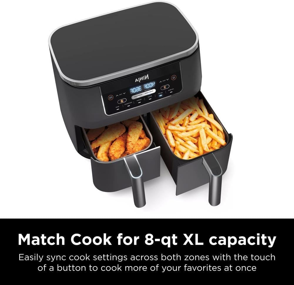 Highlights the Match Cook feature that allows users to easily sync cooking settings across both 8-qt zones with one button, emphasizing convenience and the ability to cook more food at once.