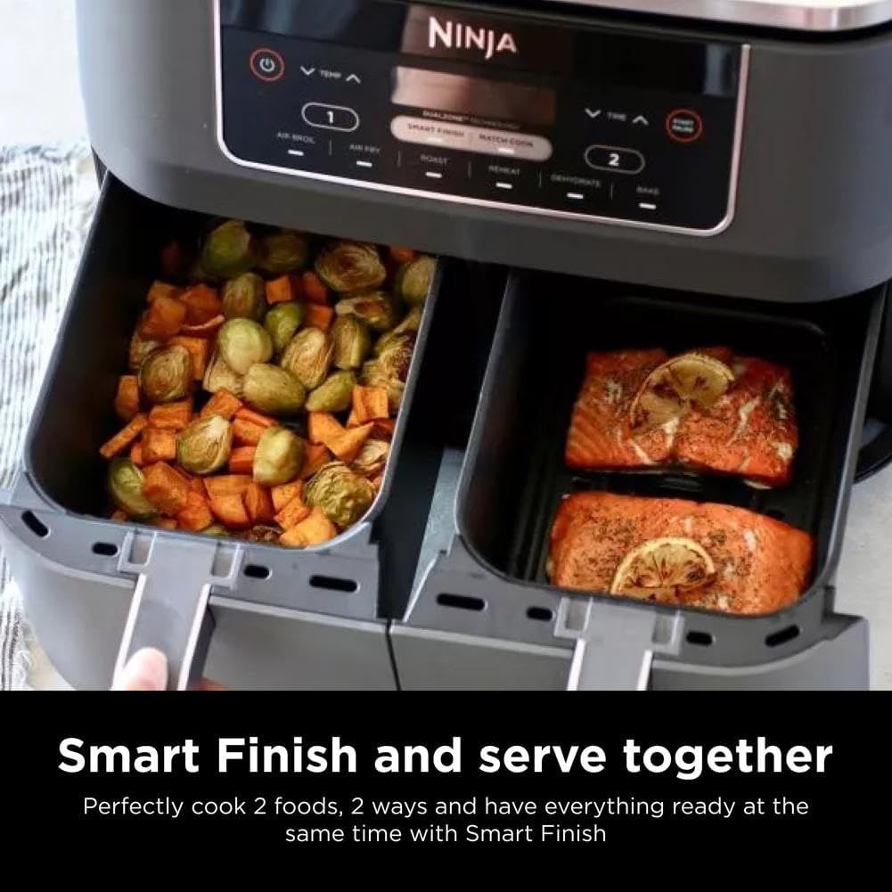 Communicates the Smart Finish feature that allows users to cook two different foods in separate zones and have them finish at the same time, emphasizing convenience and meal coordination.