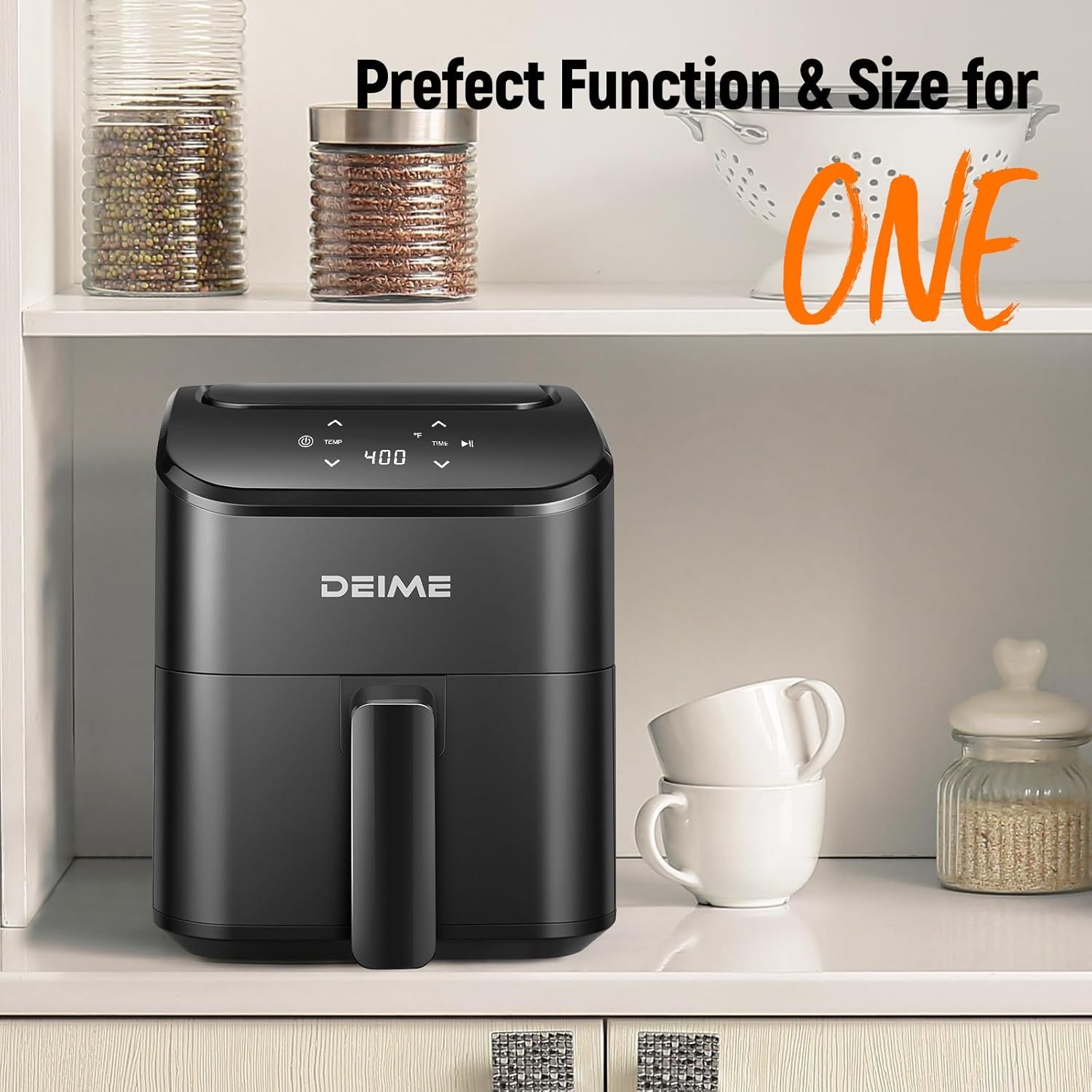 Demonstrates that the air fryer is compact and perfectly sized for single-person use or small kitchens, emphasizing its space-saving design and ideal fit for countertop placement. Communicates that…