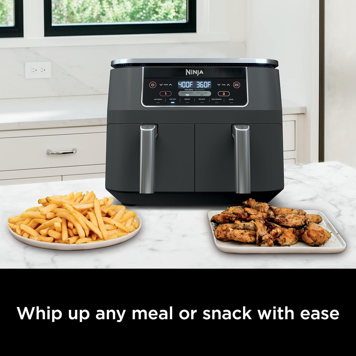 Communicates that the Ninja air fryer makes it simple and convenient to prepare a wide variety of meals and snacks, emphasizing ease and versatility as key benefits.