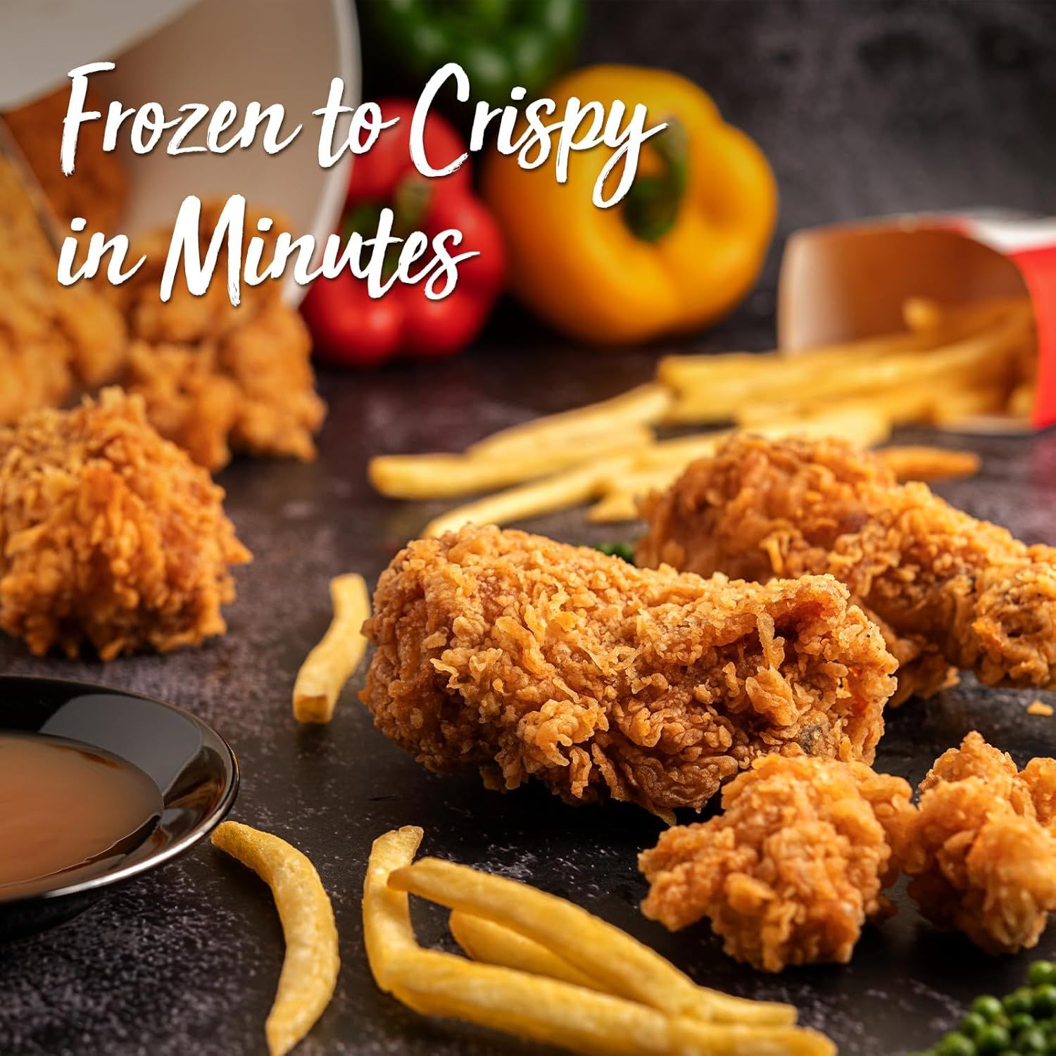 Communicates that the product can be prepared quickly from frozen to crispy in just minutes, emphasizing convenience and ease of preparation for busy shoppers.